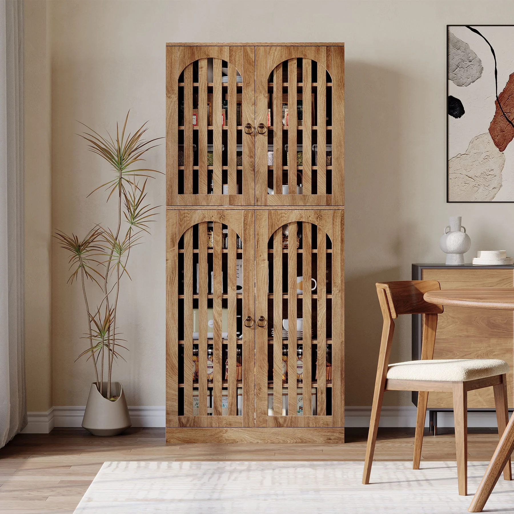 70.8" Kitchen Pantry, Wooden Cupboard Storage Cabinet with 4 Slatted Doors - Image 3
