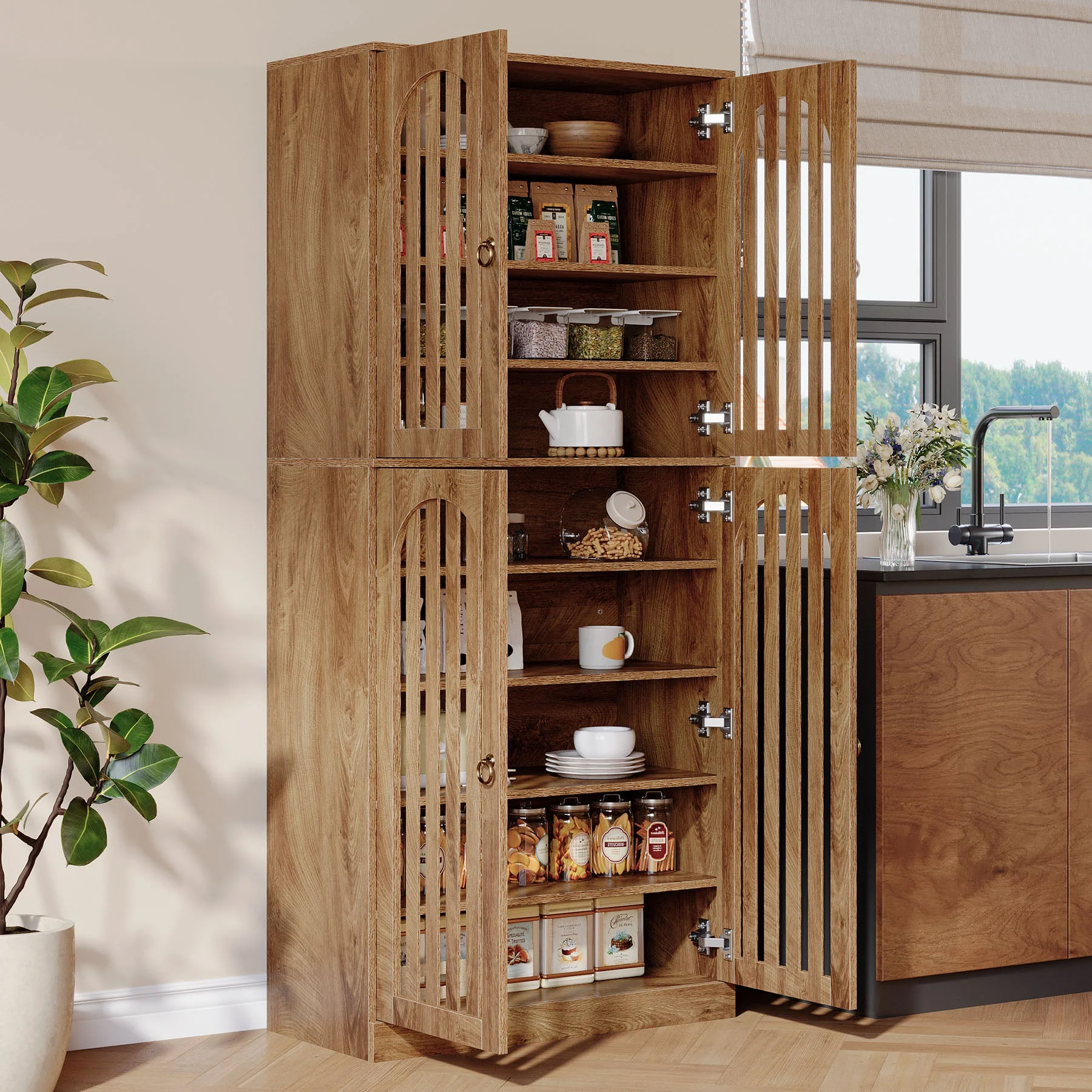 70.8" Kitchen Pantry, Wooden Cupboard Storage Cabinet with 4 Slatted Doors - Image 4