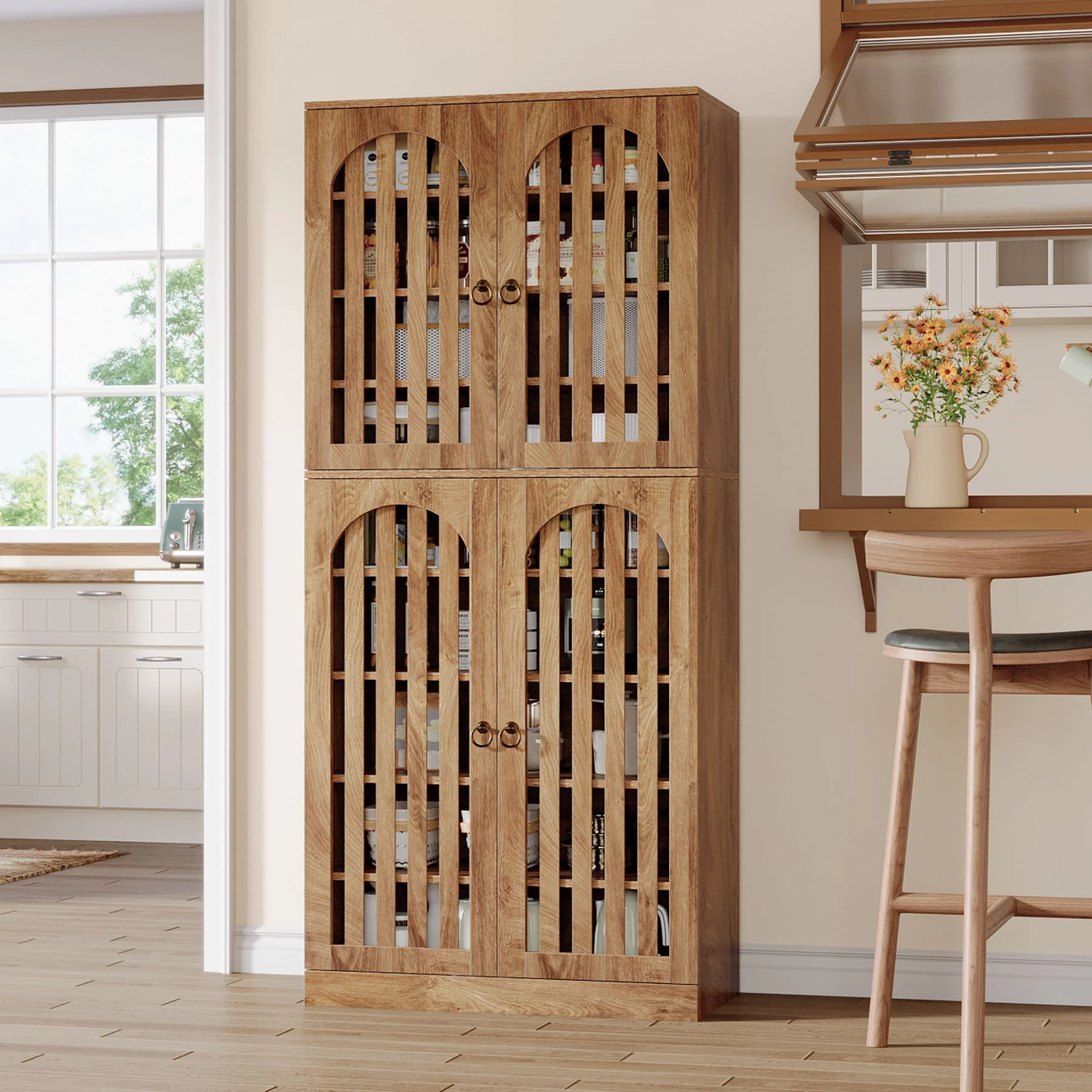 70.8" Kitchen Pantry, Wooden Cupboard Storage Cabinet with 4 Slatted Doors - Image 5