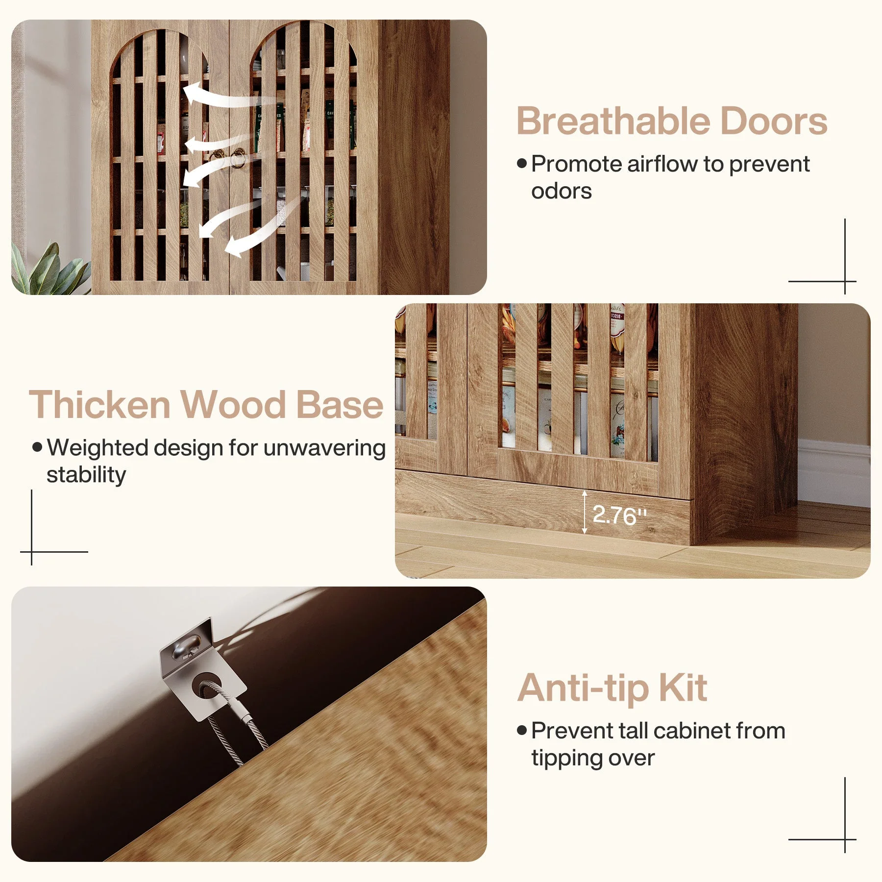 70.8" Kitchen Pantry, Wooden Cupboard Storage Cabinet with 4 Slatted Doors - Image 6