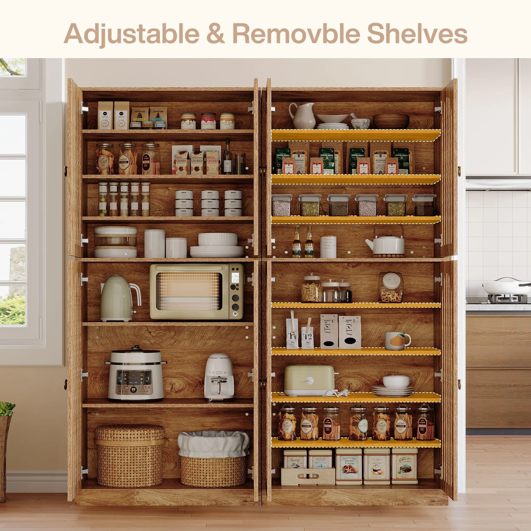 70.8" Kitchen Pantry, Wooden Cupboard Storage Cabinet with 4 Slatted Doors - Image 7