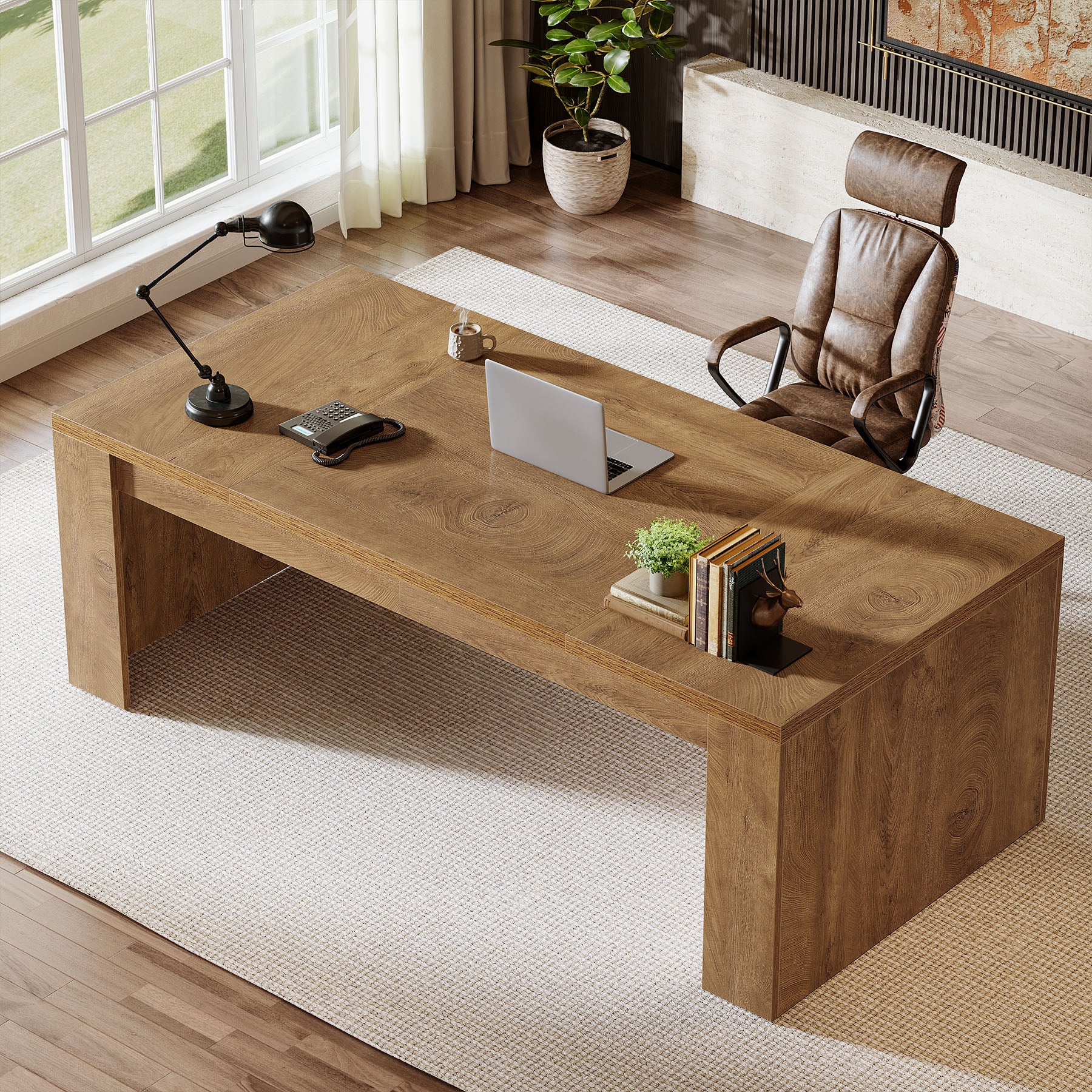 70.87" Executive Desk, Farmhouse Computer Desk with Double Pedestal Legs - Image 3