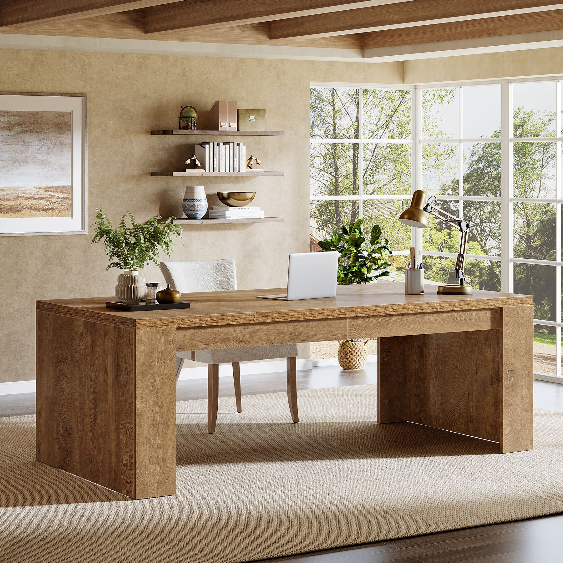 70.87" Executive Desk, Farmhouse Computer Desk with Double Pedestal Legs - Image 5