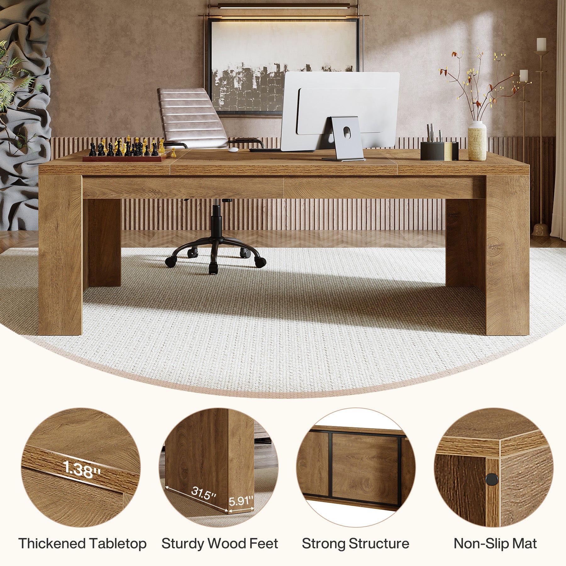 70.87" Executive Desk, Farmhouse Computer Desk with Double Pedestal Legs - Image 8