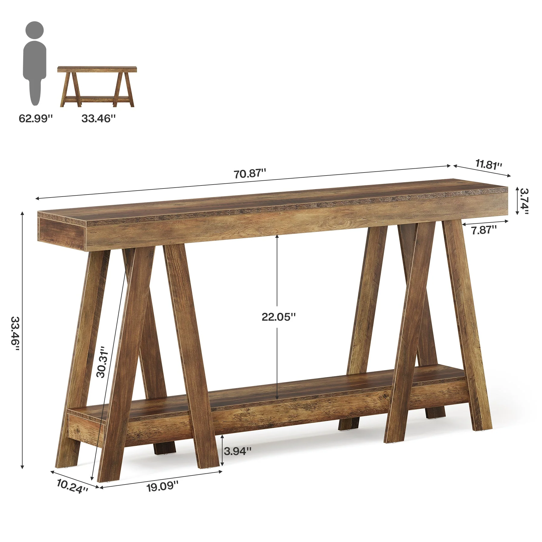 70.87" Console Table, 2-Tier Farmhouse Entryway Table Behind Sofa - Image 2
