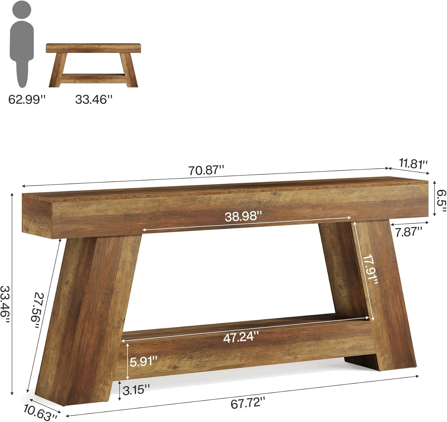 70.87" Console Table, Farmhouse 2-Tier Sofa Table with Open Storage Shelf - Image 2