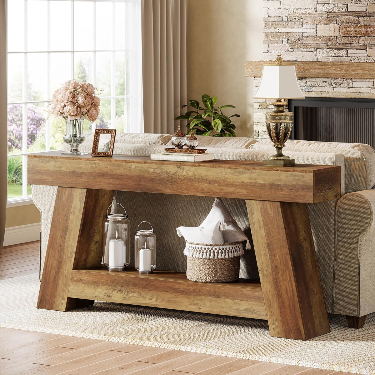 70.87" Console Table, Farmhouse 2-Tier Sofa Table with Open Storage Shelf - Image 3