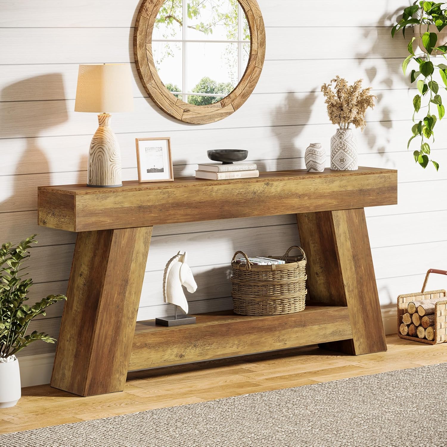 70.87" Console Table, Farmhouse 2-Tier Sofa Table with Open Storage Shelf - Image 4
