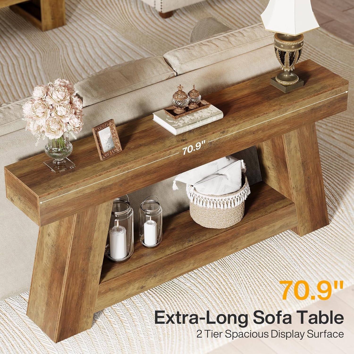 70.87" Console Table, Farmhouse 2-Tier Sofa Table with Open Storage Shelf - Image 8