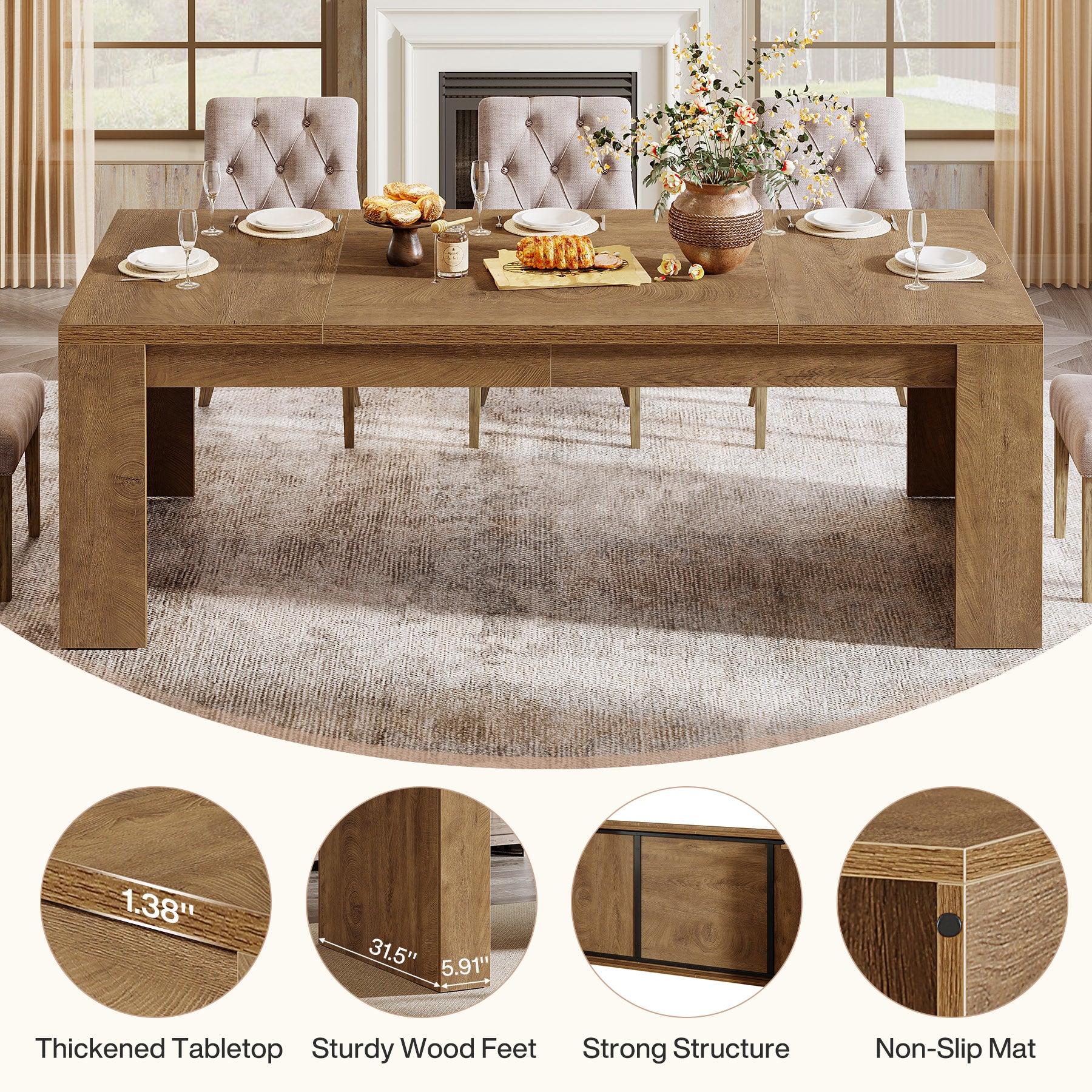 70.87" Dining Table, Rectangular Kitchen Table with Sturdy Frame for 6-8 - Image 7
