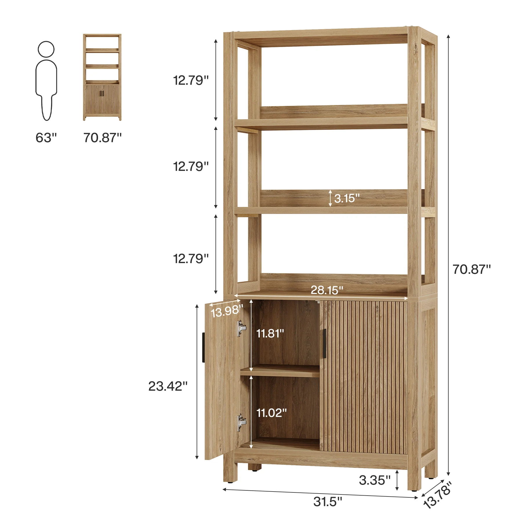 70.9" Bookcase, Wooden Bookshelf with 3-Tier Open Shelf and Door Cabinet - Image 2
