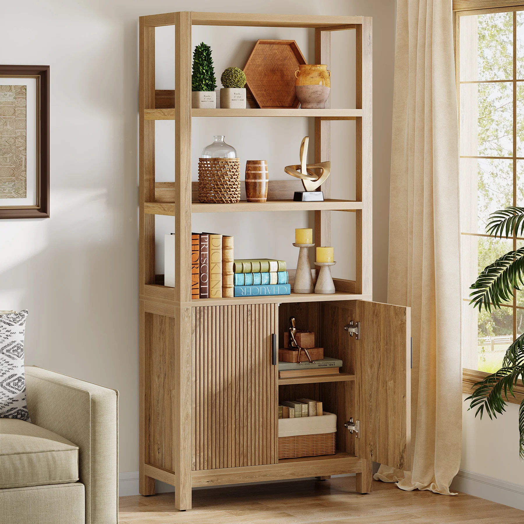 70.9" Bookcase, Wooden Bookshelf with 3-Tier Open Shelf and Door Cabinet - Image 5
