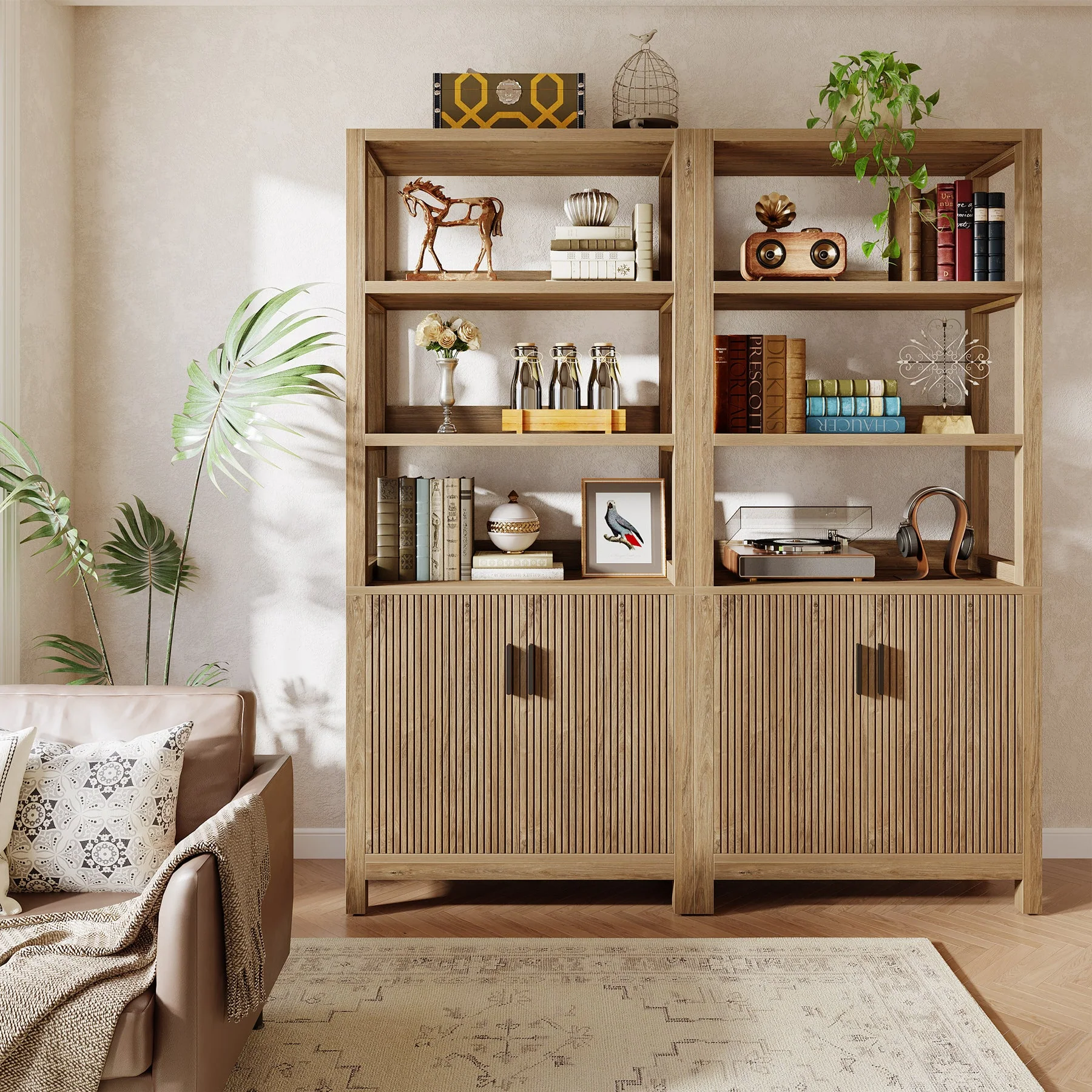 70.9" Bookcase, Wooden Bookshelf with 3-Tier Open Shelf and Door Cabinet - Image 6