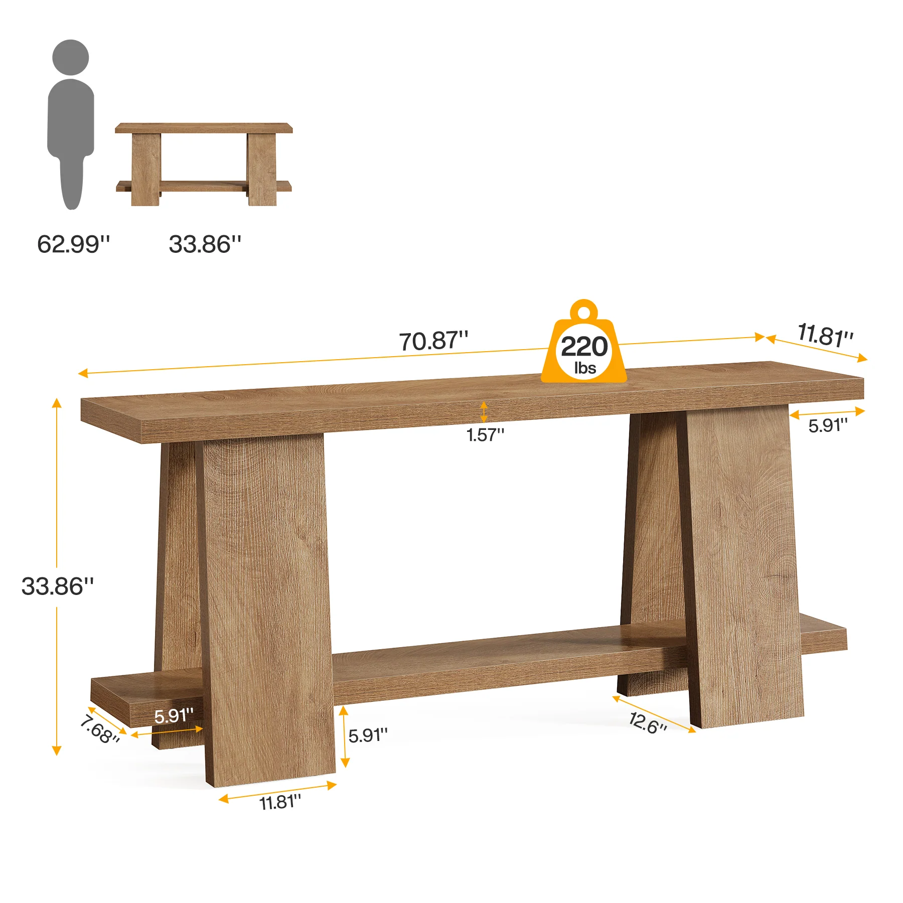 70.9" Console Table , 2-Tier Farmhouse Sofa Entryway Table for Living Room - Image 2