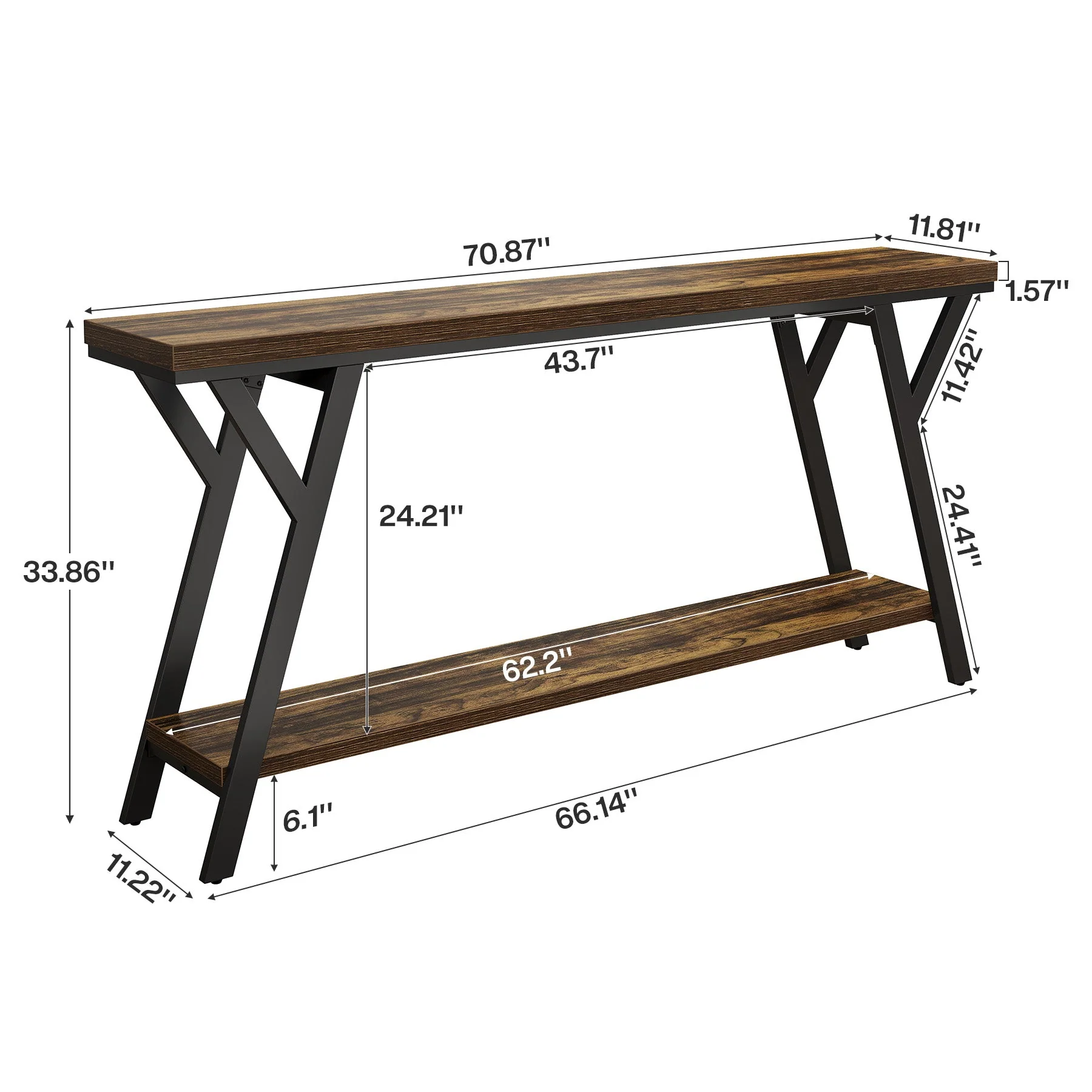 70.9" Console Table, Industrial Sofa Table Behind Couch with 2-Tier Storage Shelf - Image 2