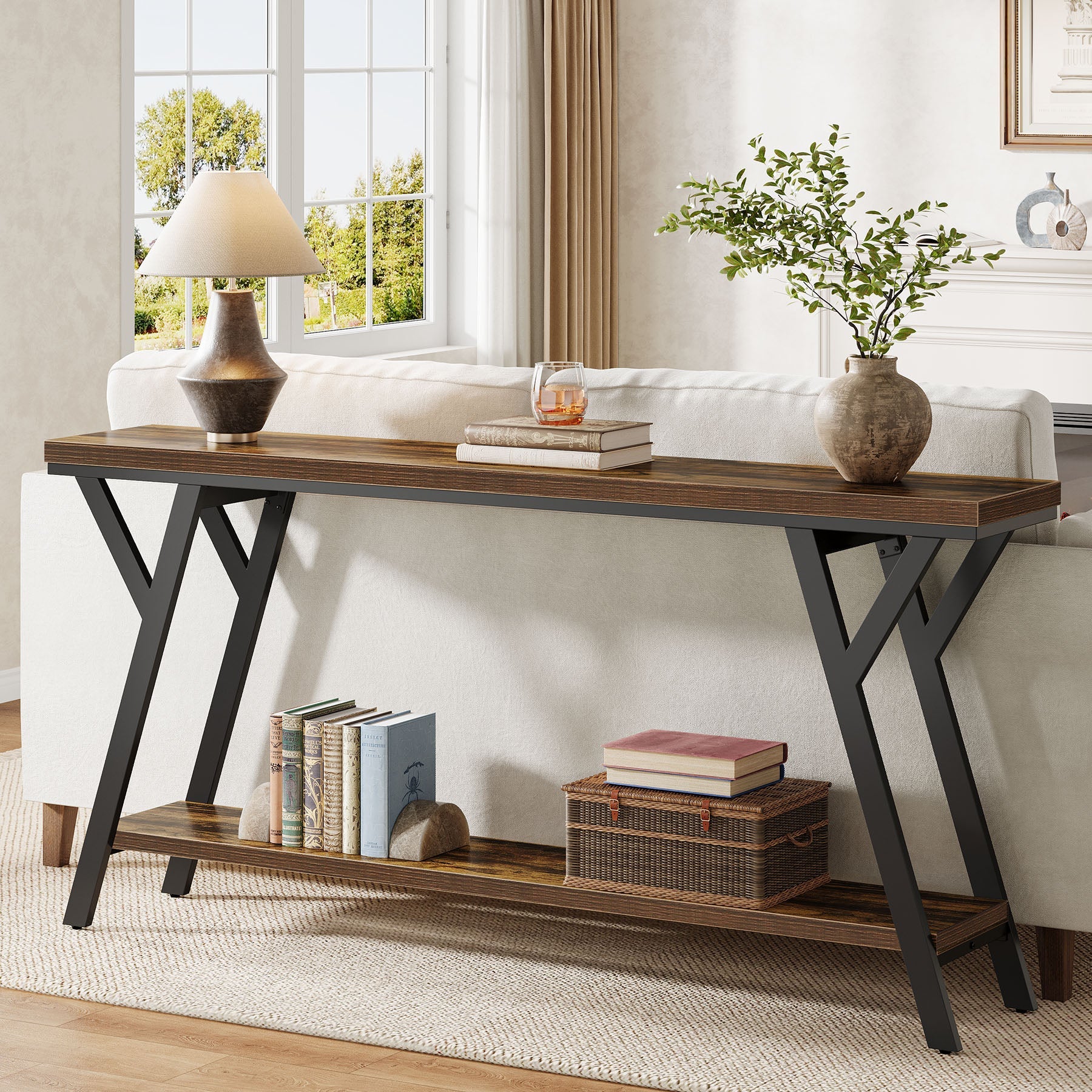 70.9" Console Table, Industrial Sofa Table Behind Couch with 2-Tier Storage Shelf - Image 3