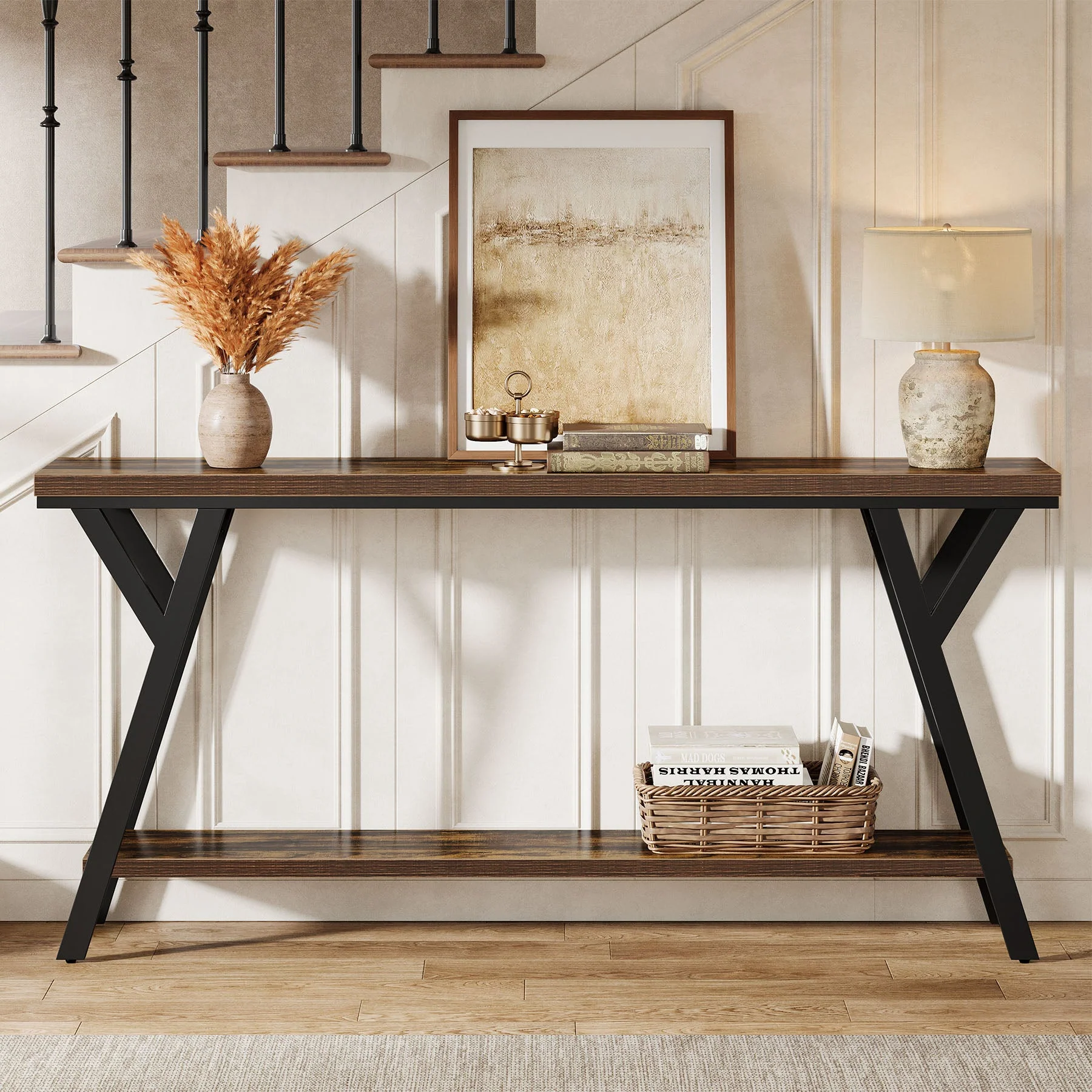 70.9" Console Table, Industrial Sofa Table Behind Couch with 2-Tier Storage Shelf - Image 4