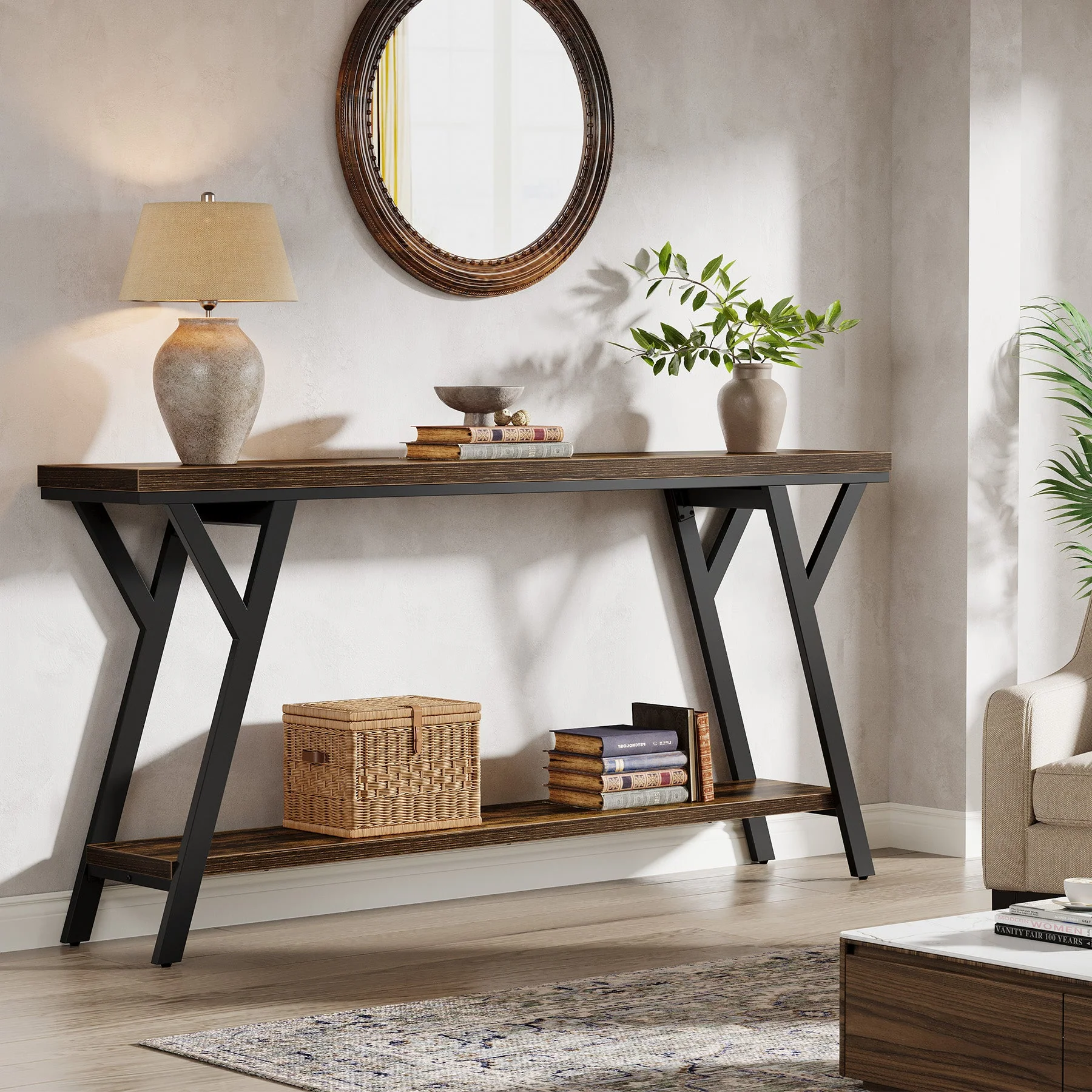 70.9" Console Table, Industrial Sofa Table Behind Couch with 2-Tier Storage Shelf - Image 5
