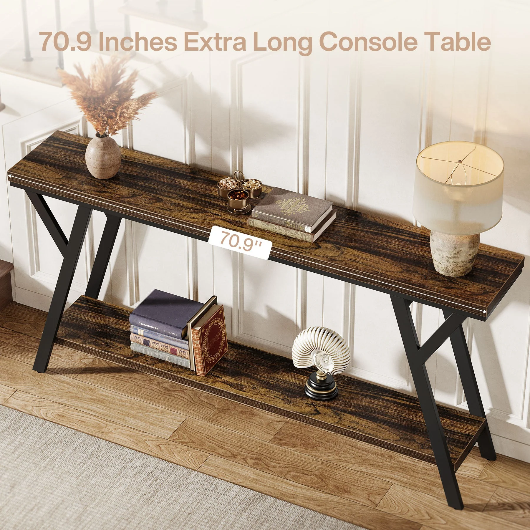 70.9" Console Table, Industrial Sofa Table Behind Couch with 2-Tier Storage Shelf - Image 6