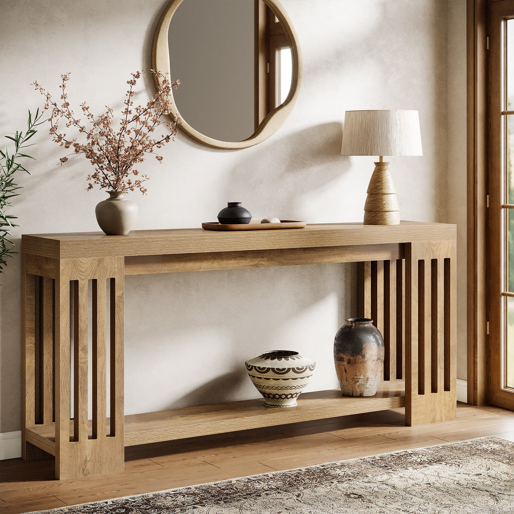 70.9" Console Table, Farmhouse 2-Tier Sofa Table with Vertical Stripe Legs - Image 3