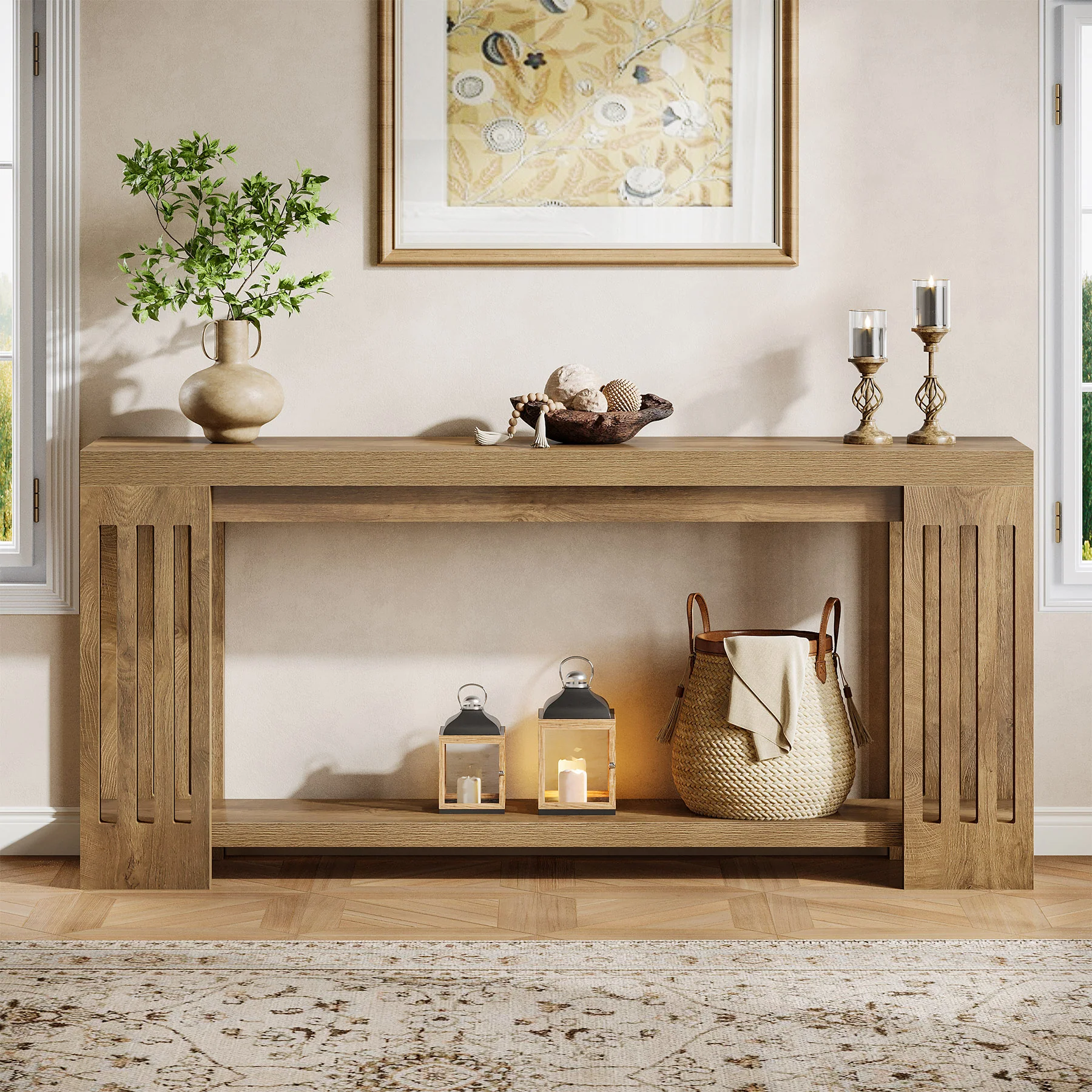 70.9" Console Table, Farmhouse 2-Tier Sofa Table with Vertical Stripe Legs - Image 4