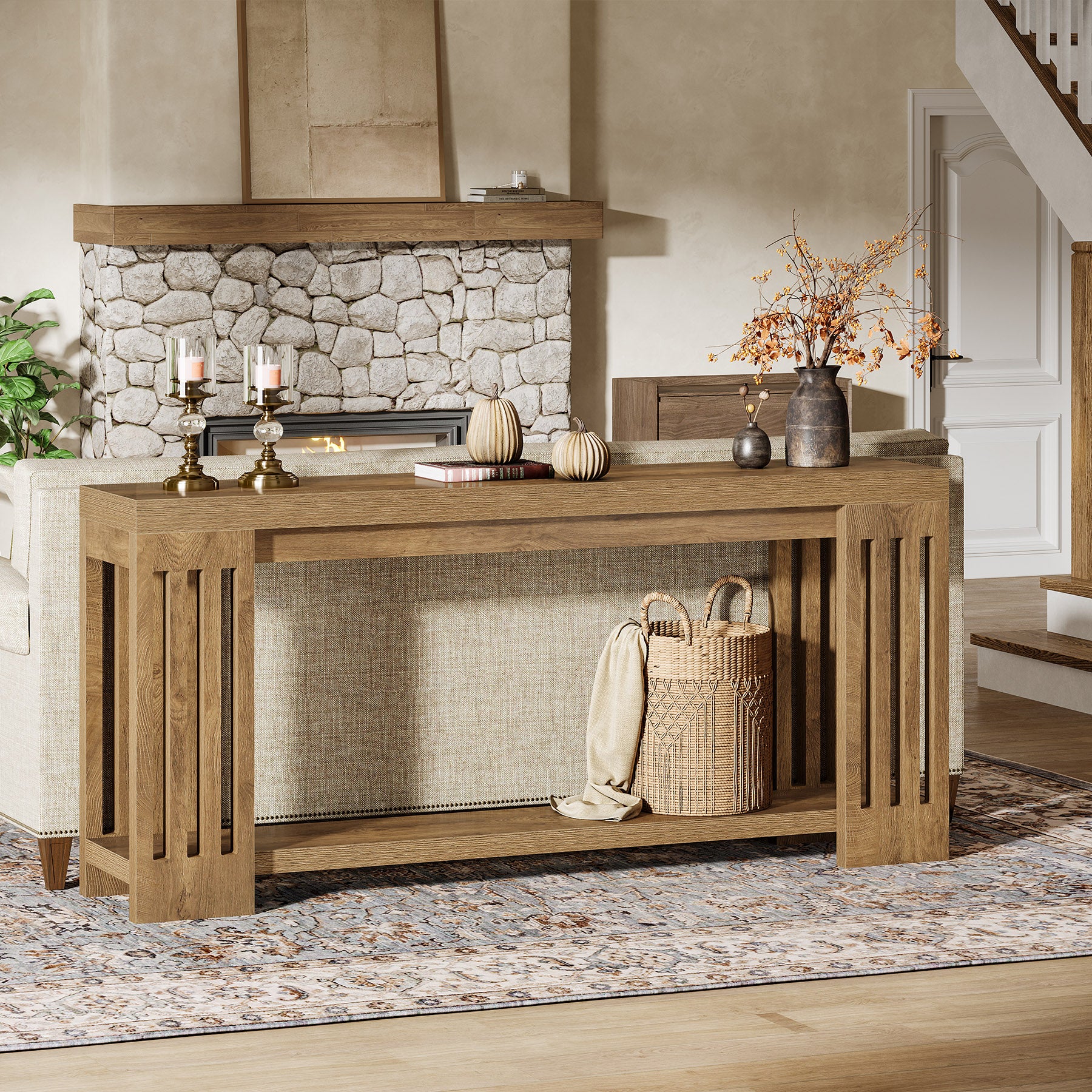 70.9" Console Table, Farmhouse 2-Tier Sofa Table with Vertical Stripe Legs - Image 5