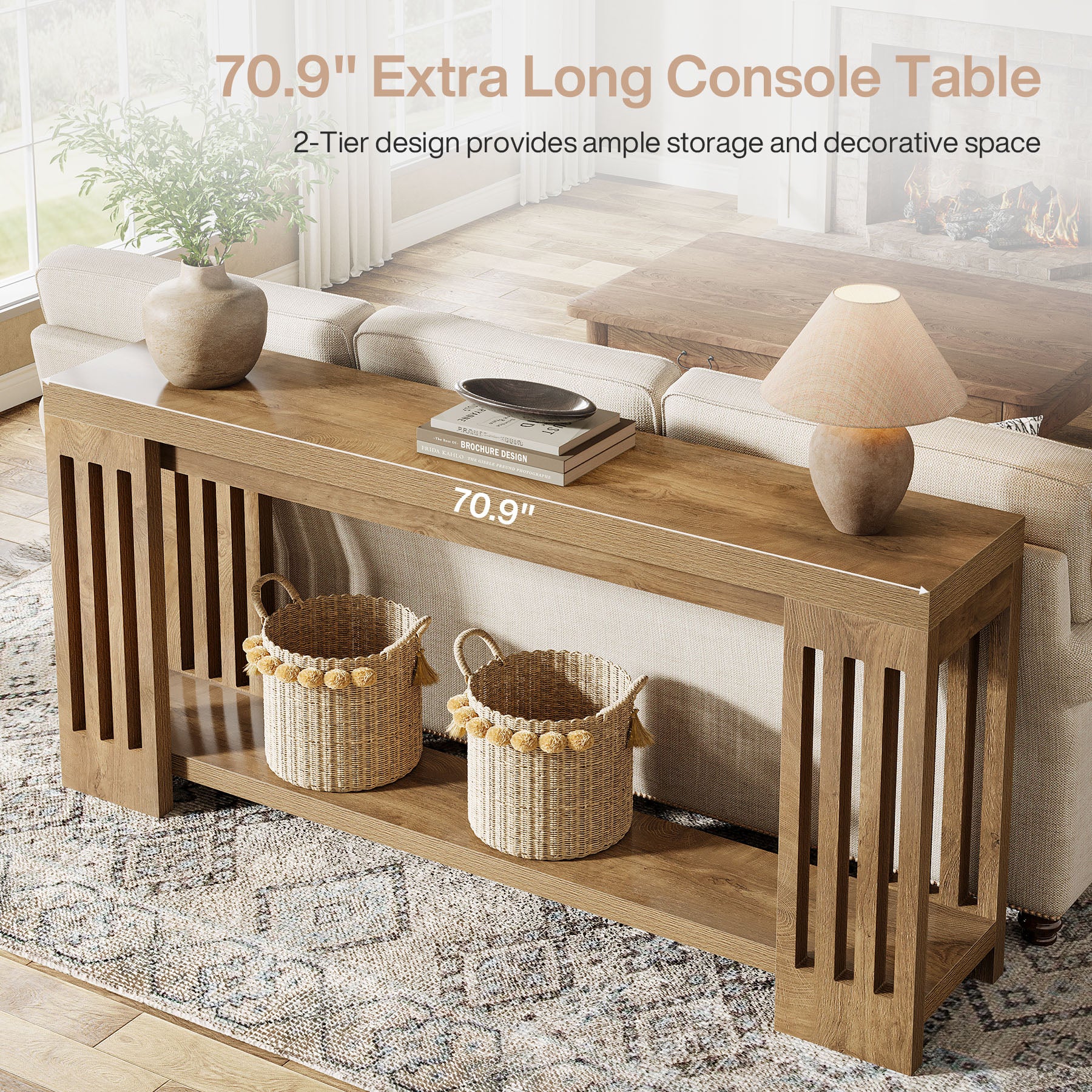 70.9" Console Table, Farmhouse 2-Tier Sofa Table with Vertical Stripe Legs - Image 6