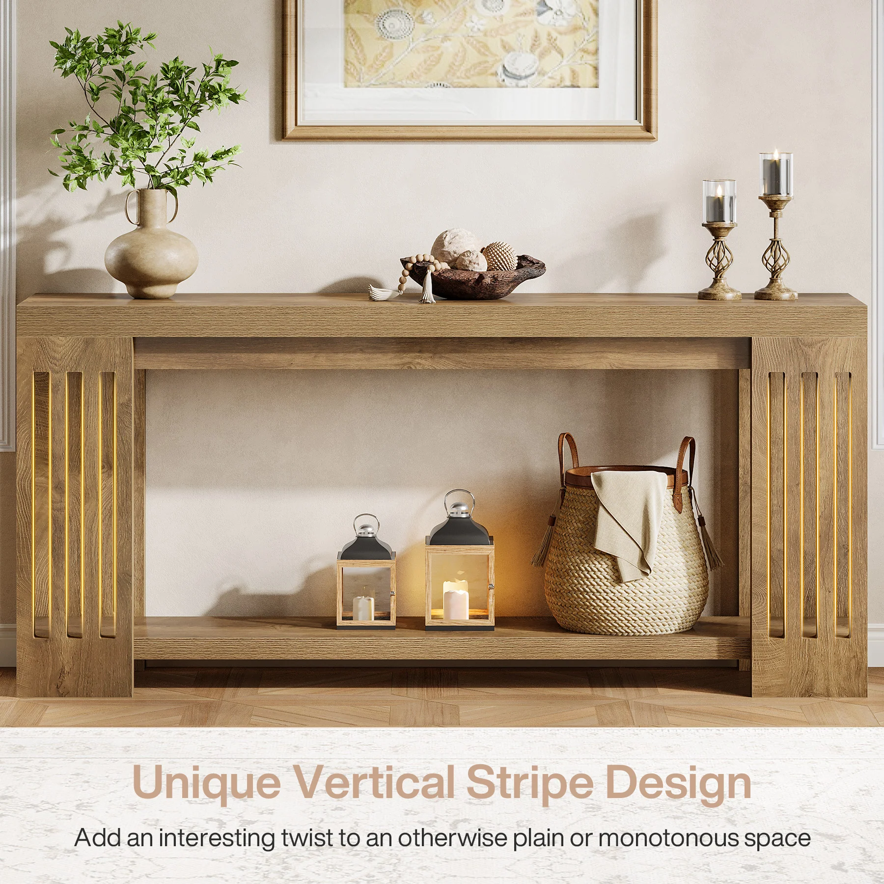 70.9" Console Table, Farmhouse 2-Tier Sofa Table with Vertical Stripe Legs - Image 7
