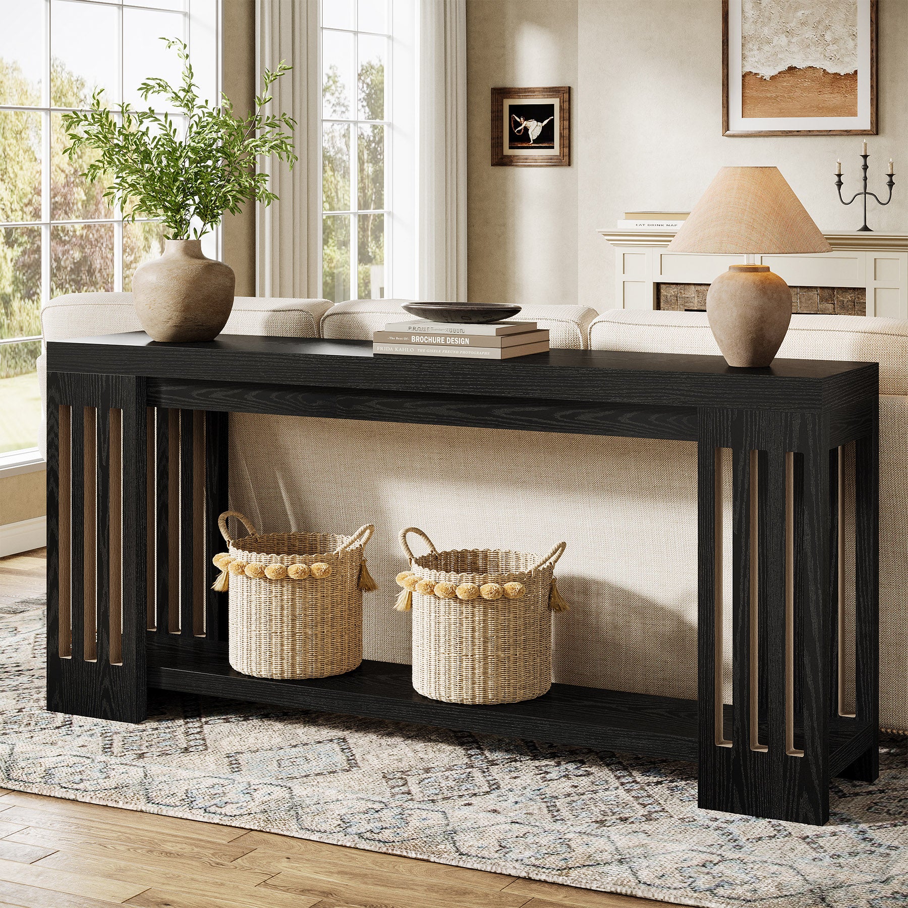 70.9" Console Table, Farmhouse 2-Tier Sofa Table with Vertical Stripe Legs - Image 8