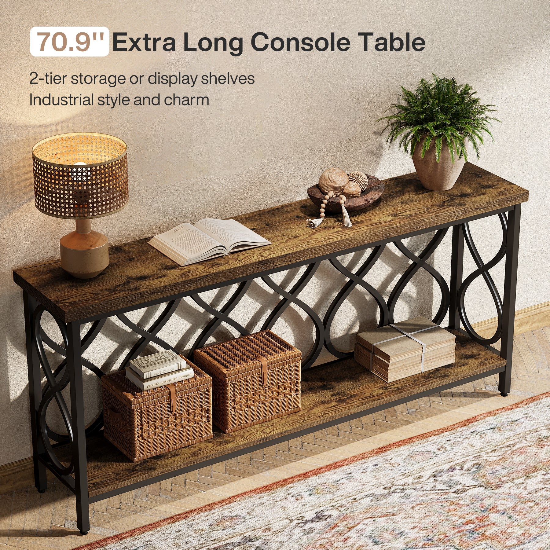 70.9" Console Table, Industrial Sofa Table 2-Tier Entryway Accent Table - Image 6