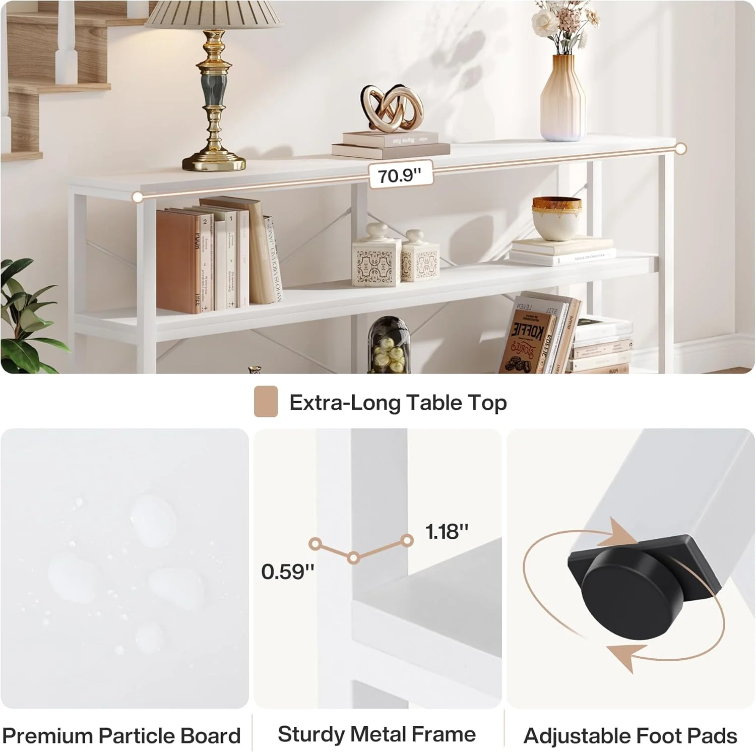 Tribesigns 70.9-Inch Extra Long Console Table, 3-Tier Industrial Sofa Table with Storage - Image 14