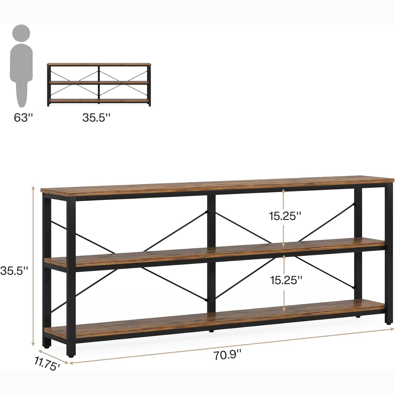 Tribesigns 70.9-Inch Extra Long Console Table, 3-Tier Industrial Sofa Table with Storage - Image 2