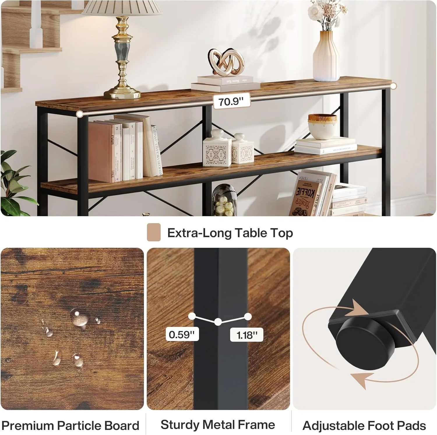 Tribesigns 70.9-Inch Extra Long Console Table, 3-Tier Industrial Sofa Table with Storage - Image 6