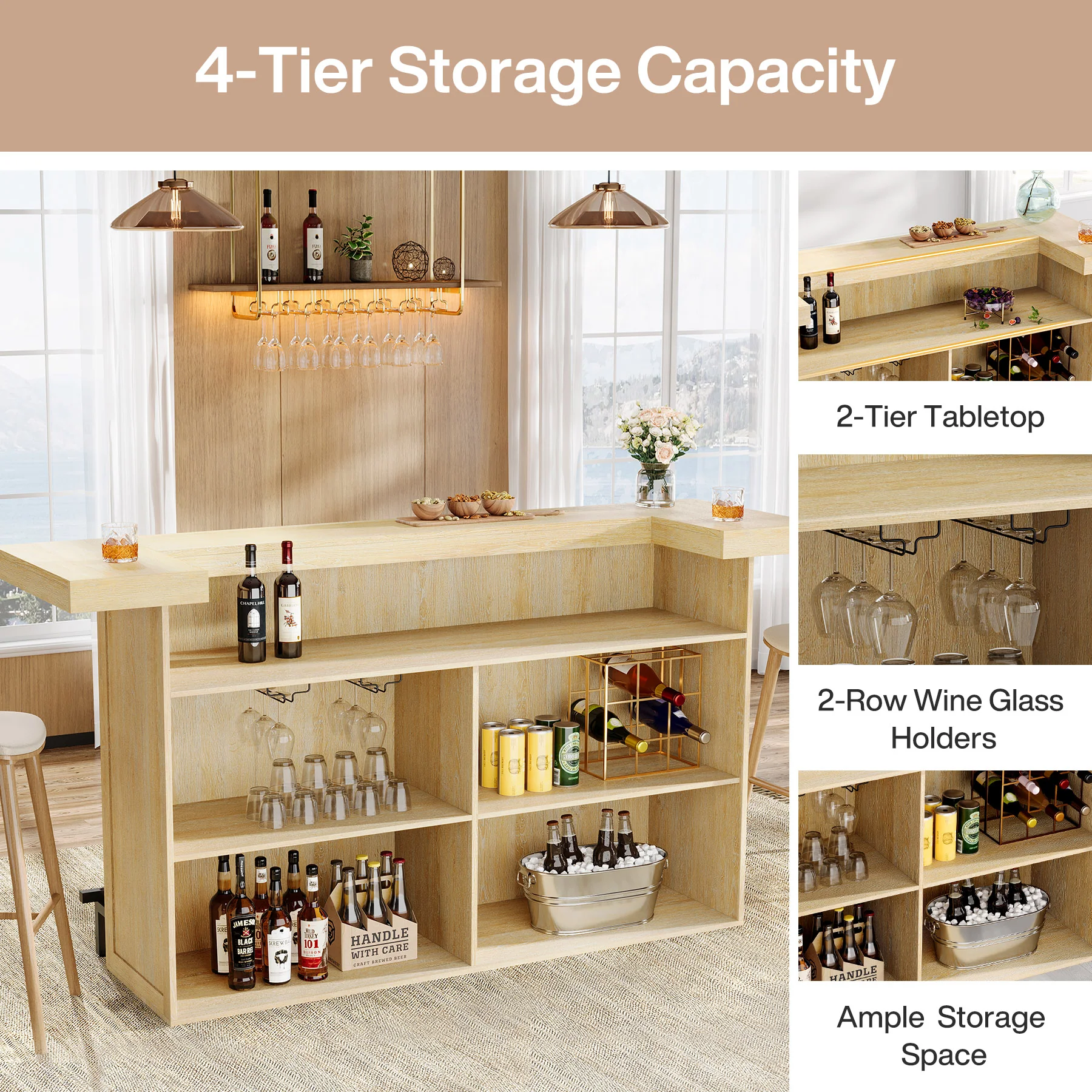 70.9" Bar Table, Modern Liquor Cabinet with 4-Tier Storage Shelves - Image 7