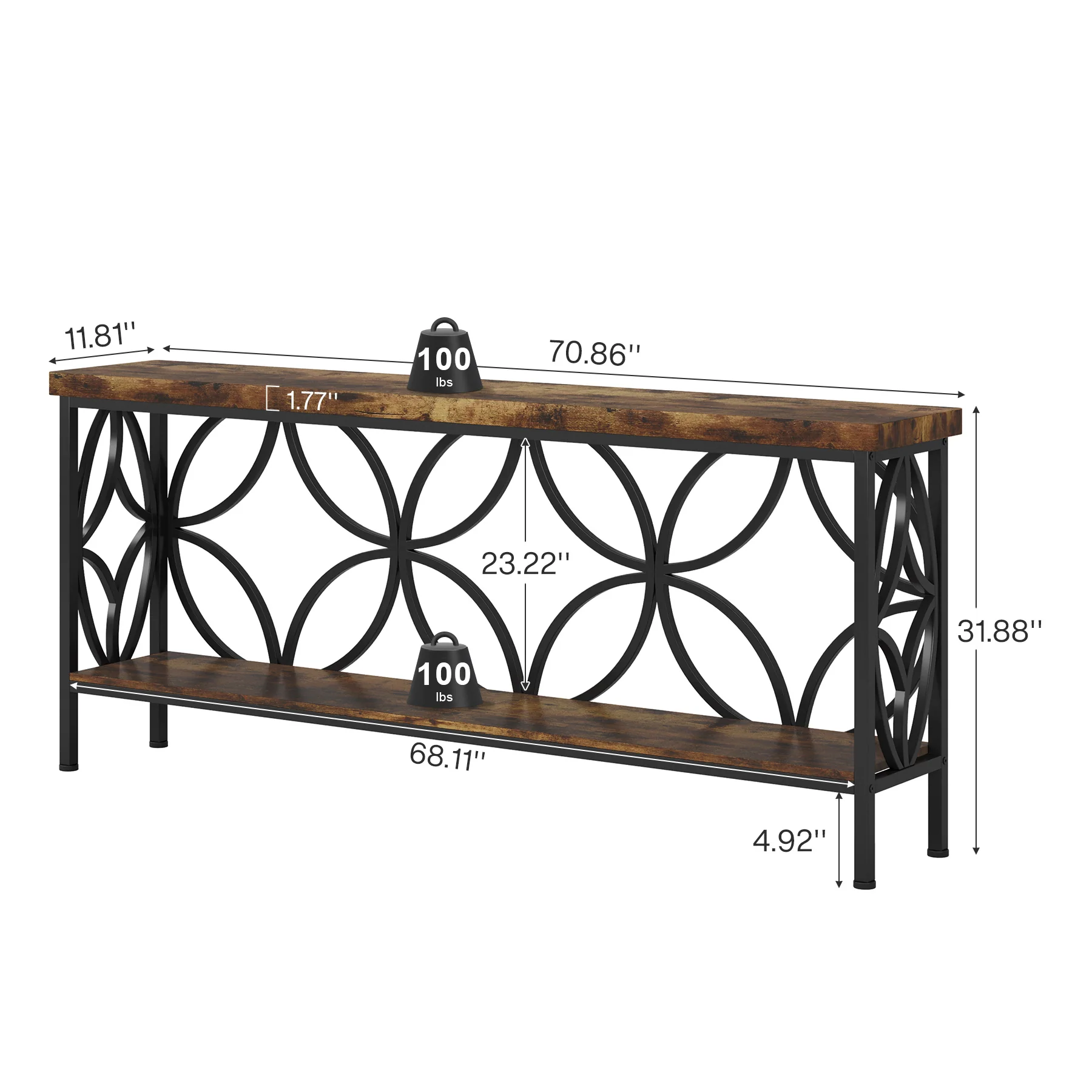 70.9" Sofa Table, 2-Tier Industrial Console Table Behind Couch - Image 2