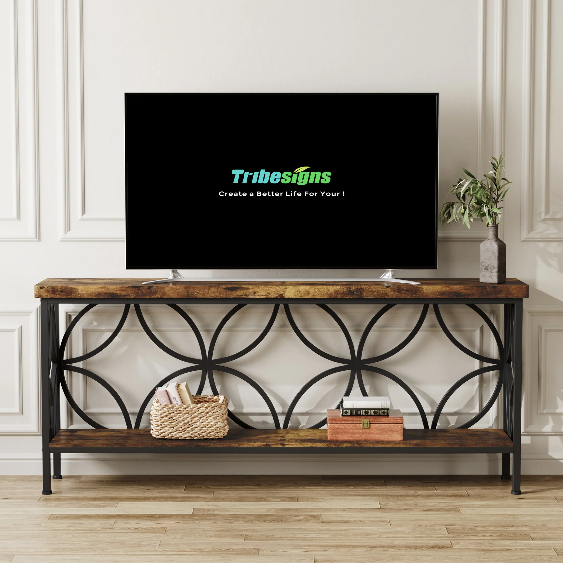 70.9" Sofa Table, 2-Tier Industrial Console Table Behind Couch - Image 4