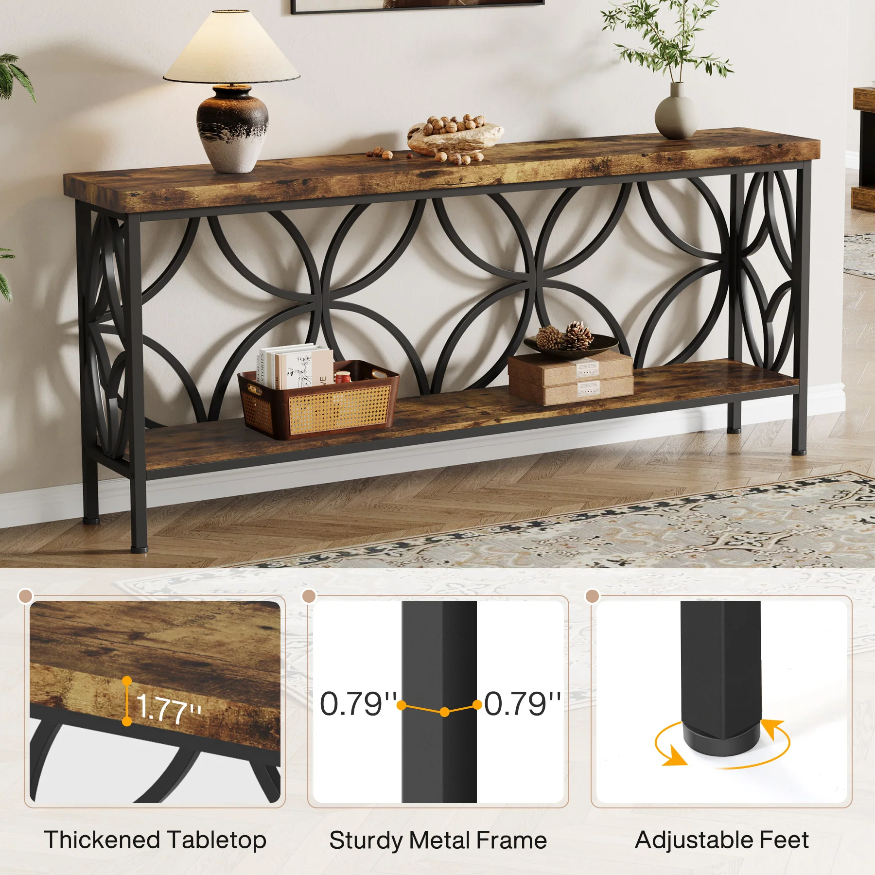 70.9" Sofa Table, 2-Tier Industrial Console Table Behind Couch - Image 7