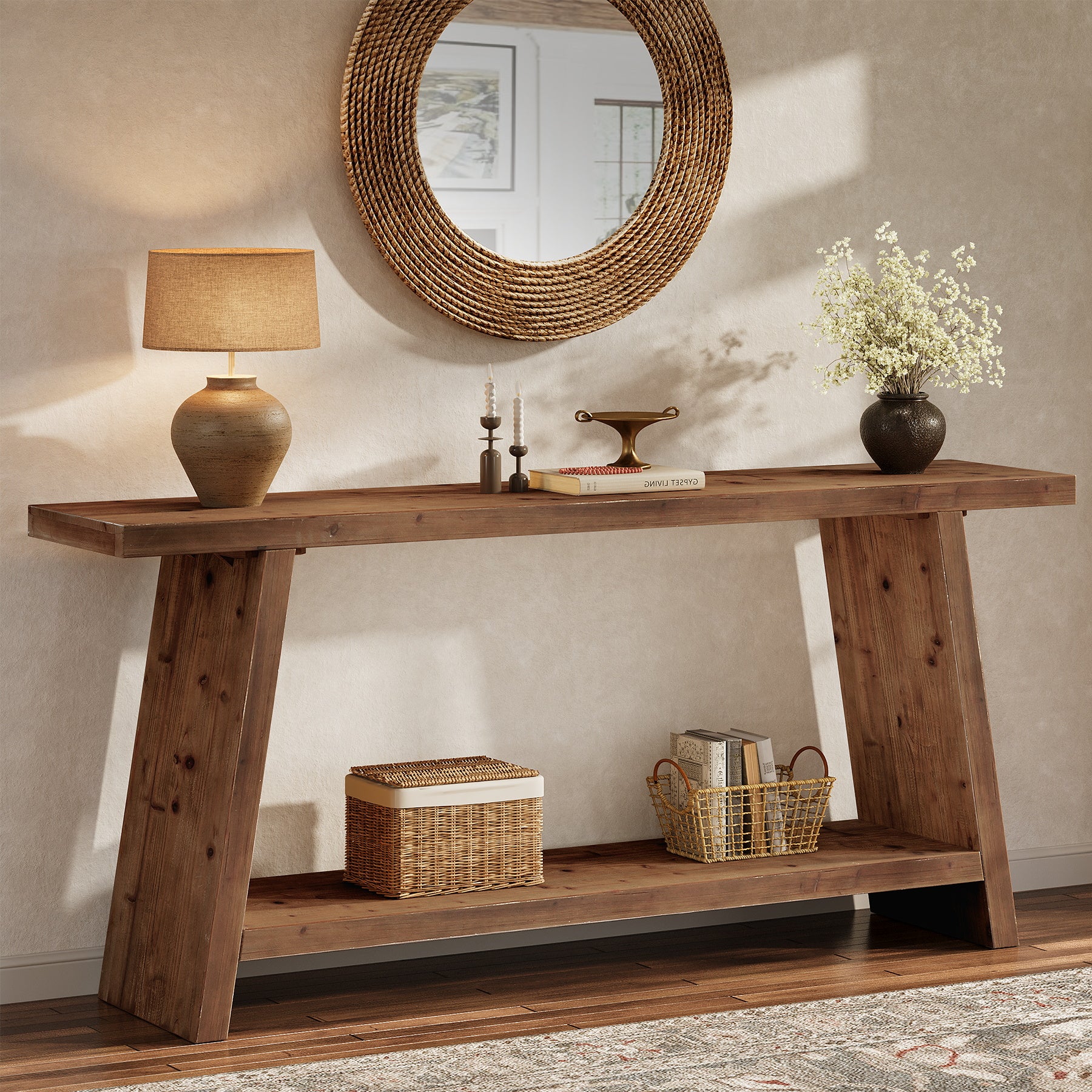 Solid Wood Console Table, 70.9" Sofa Table Behind Couch with 2-Tier Storage - Image 3