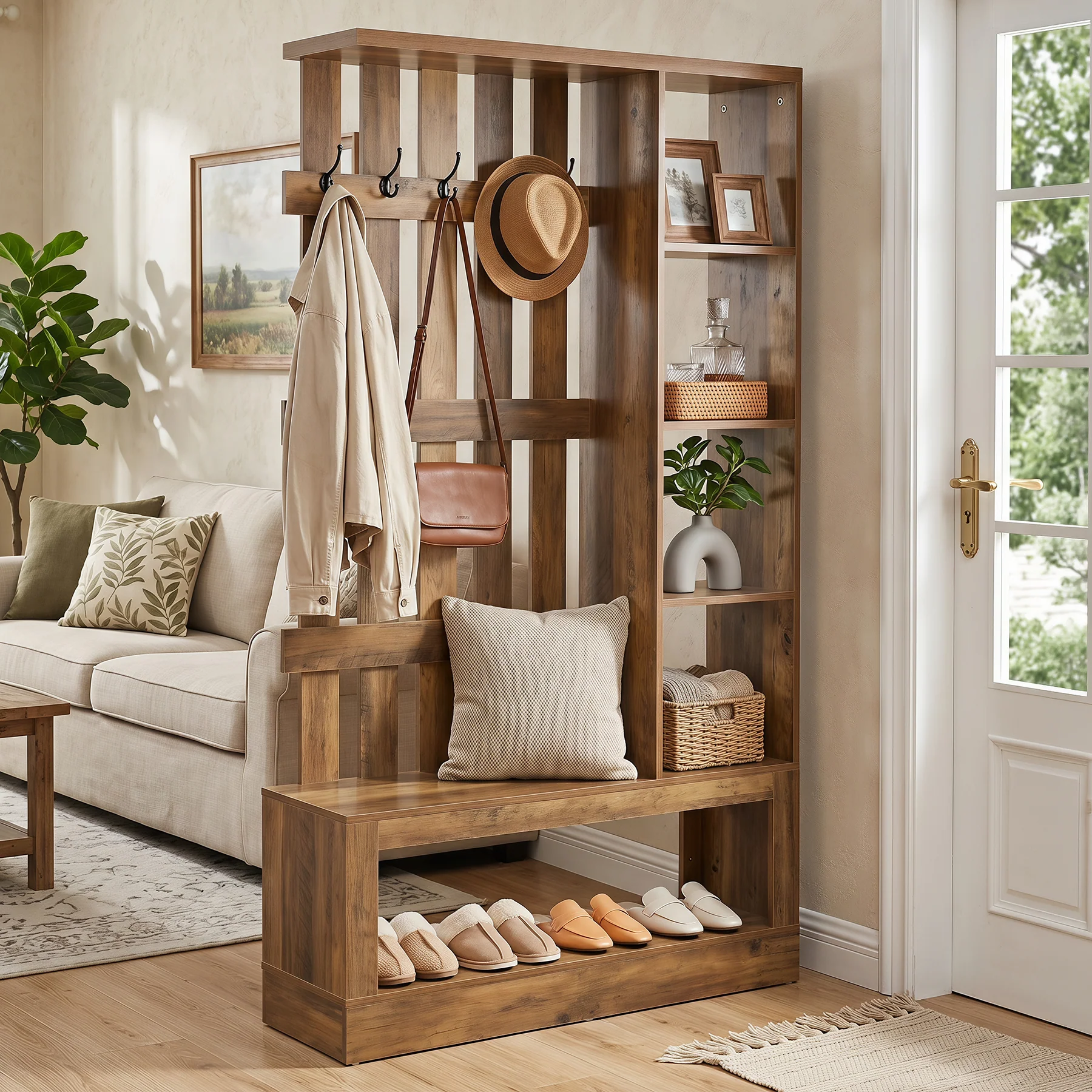 70.9'' Wall Room Divider With Shelves, Freestanding Wall Partition With Coat Rack - Image 3