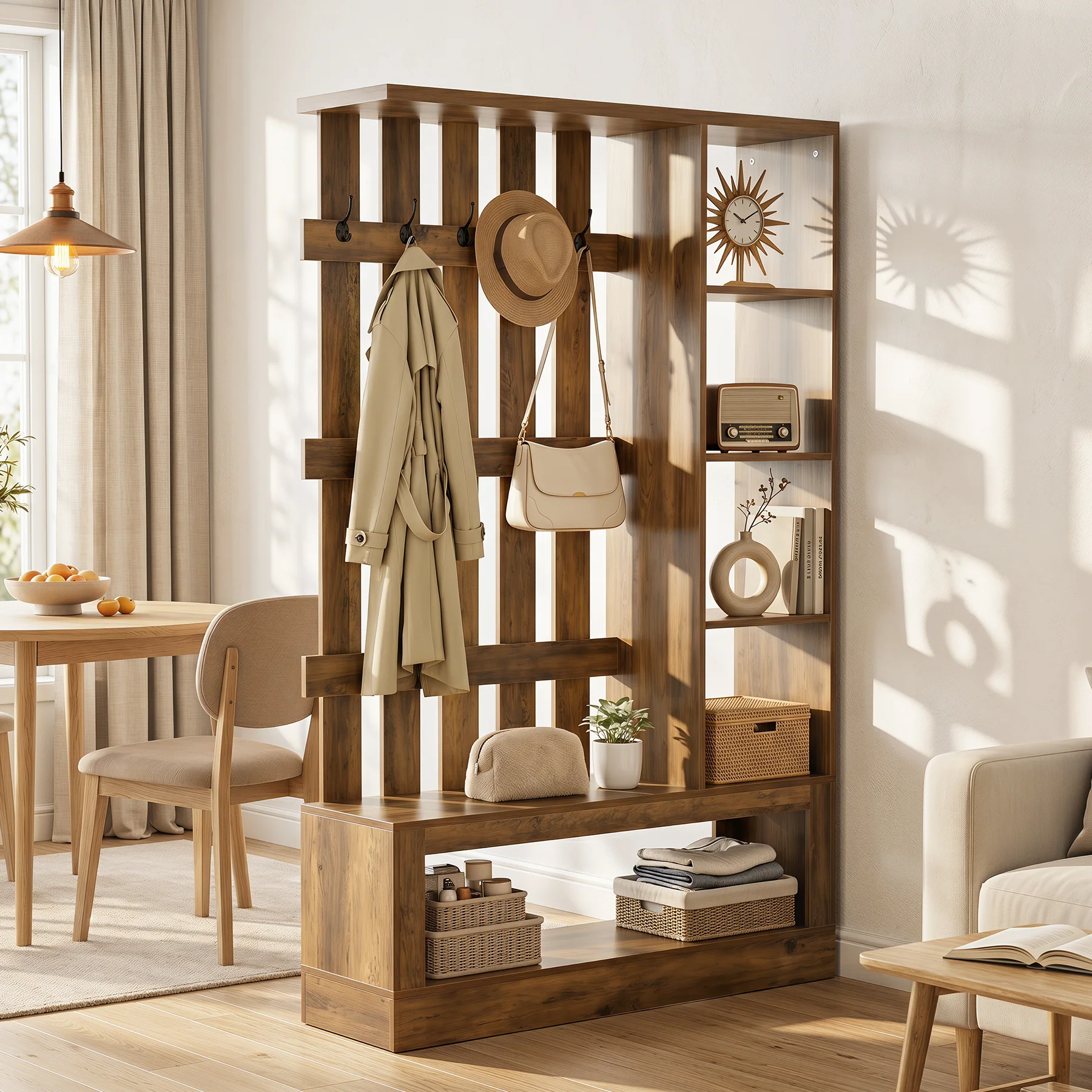 70.9'' Wall Room Divider With Shelves, Freestanding Wall Partition With Coat Rack - Image 4