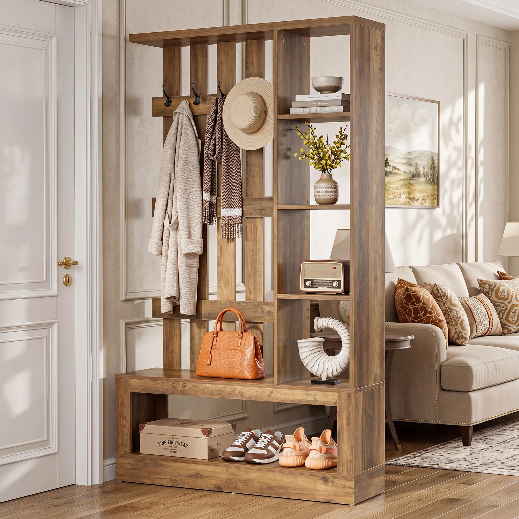 70.9'' Wall Room Divider With Shelves, Freestanding Wall Partition With Coat Rack - Image 5