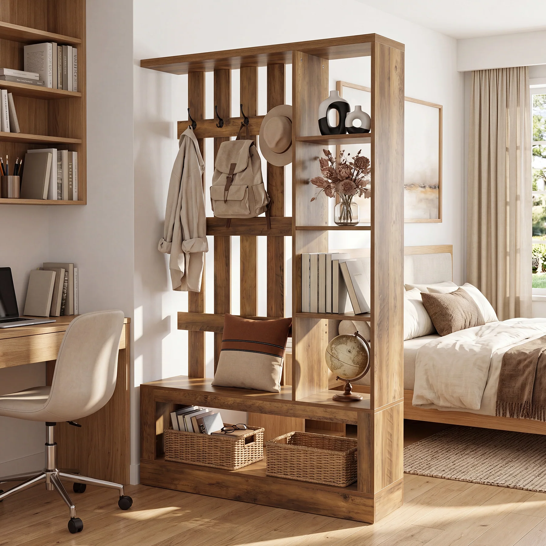 70.9'' Wall Room Divider With Shelves, Freestanding Wall Partition With Coat Rack - Image 6