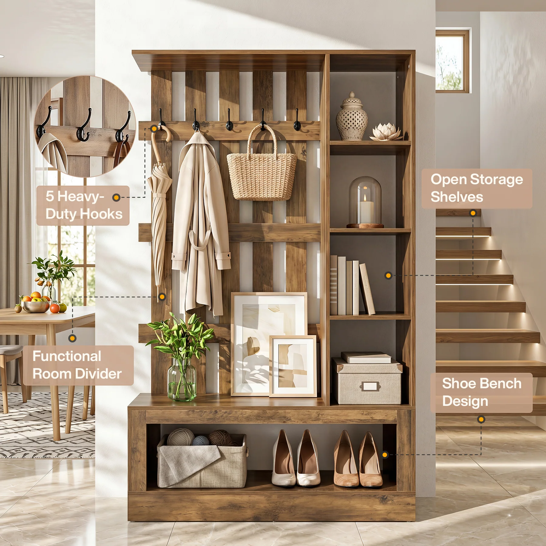 70.9'' Wall Room Divider With Shelves, Freestanding Wall Partition With Coat Rack - Image 7