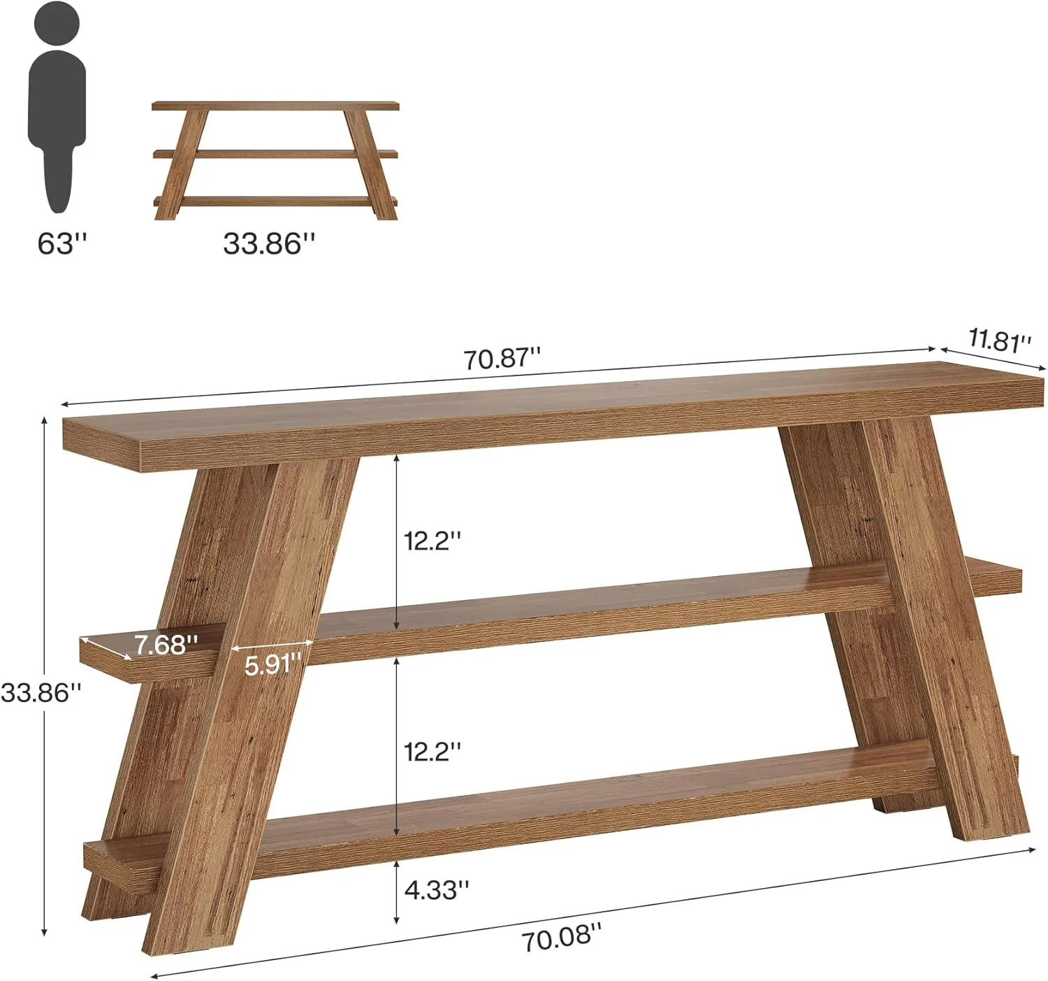 70.9"Console Table, 3-Tier Narrow Sofa Table Farmhouse Foyer Table - Image 2