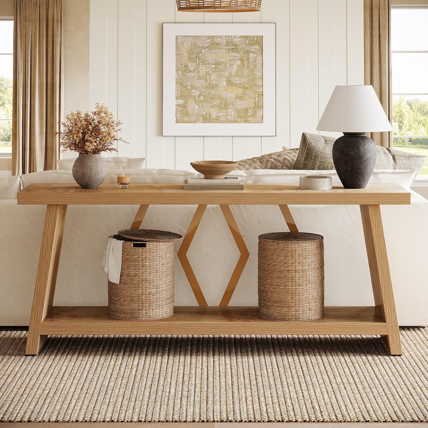 70.86" Extra Long Console Table, 2-Tier Wooden Sofa Table with Storage - Image 10