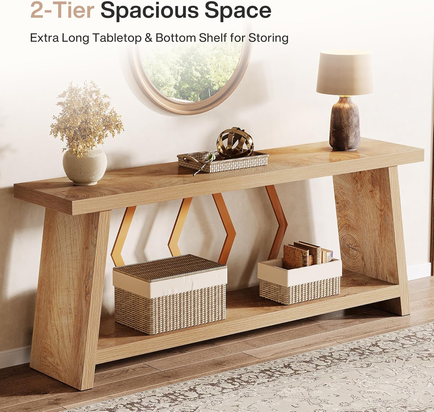 70.86" Extra Long Console Table, 2-Tier Wooden Sofa Table with Storage - Image 11