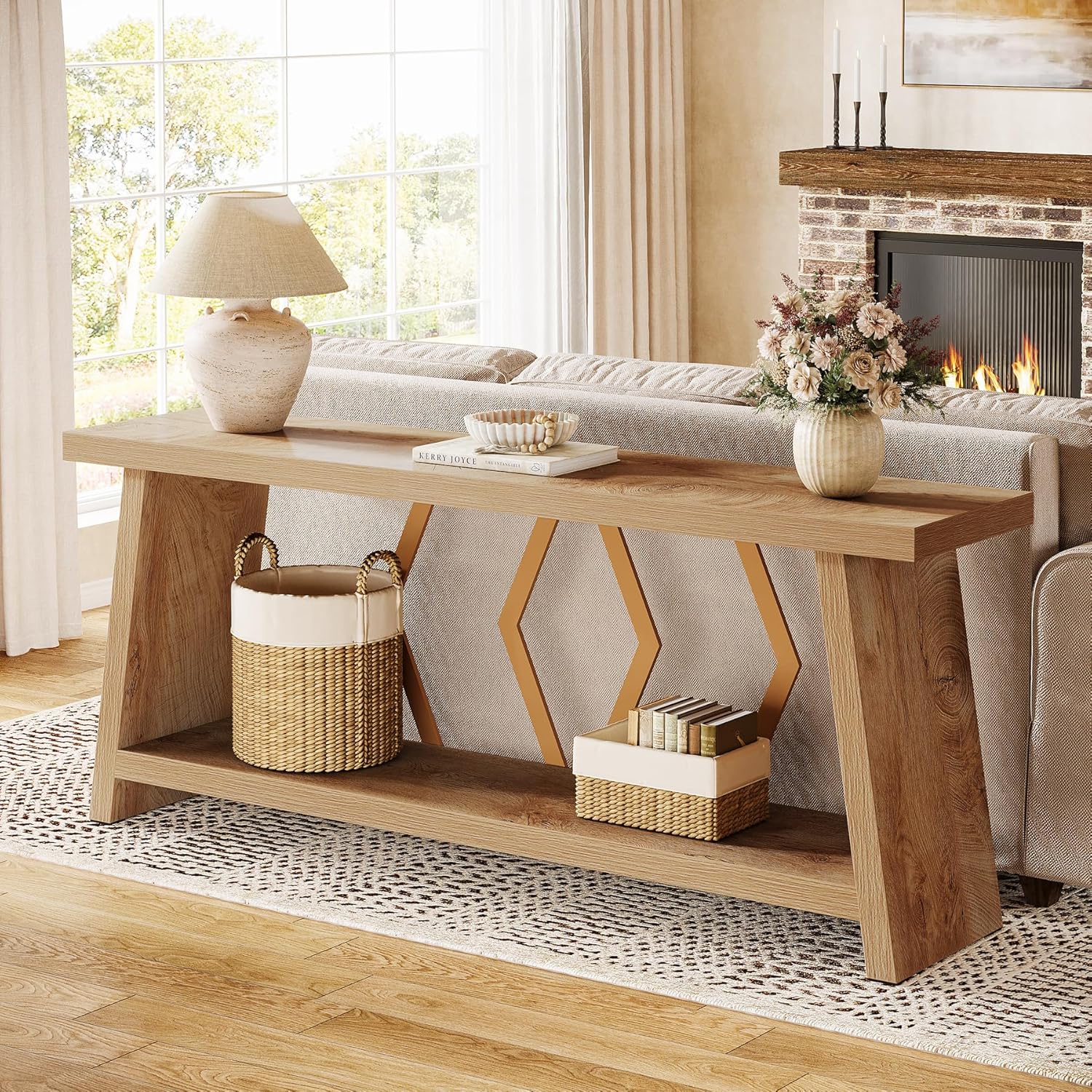 70.86" Extra Long Console Table, 2-Tier Wooden Sofa Table with Storage - Image 14