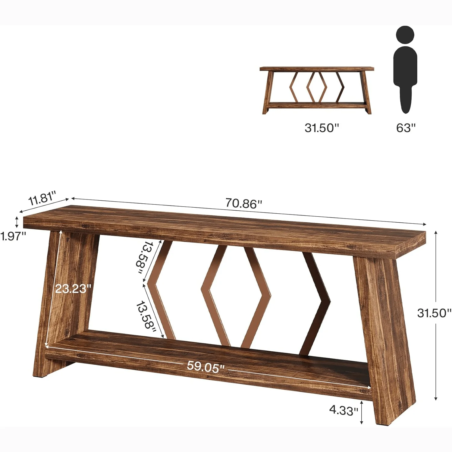 70.86" Extra Long Console Table, 2-Tier Wooden Sofa Table with Storage - Image 2