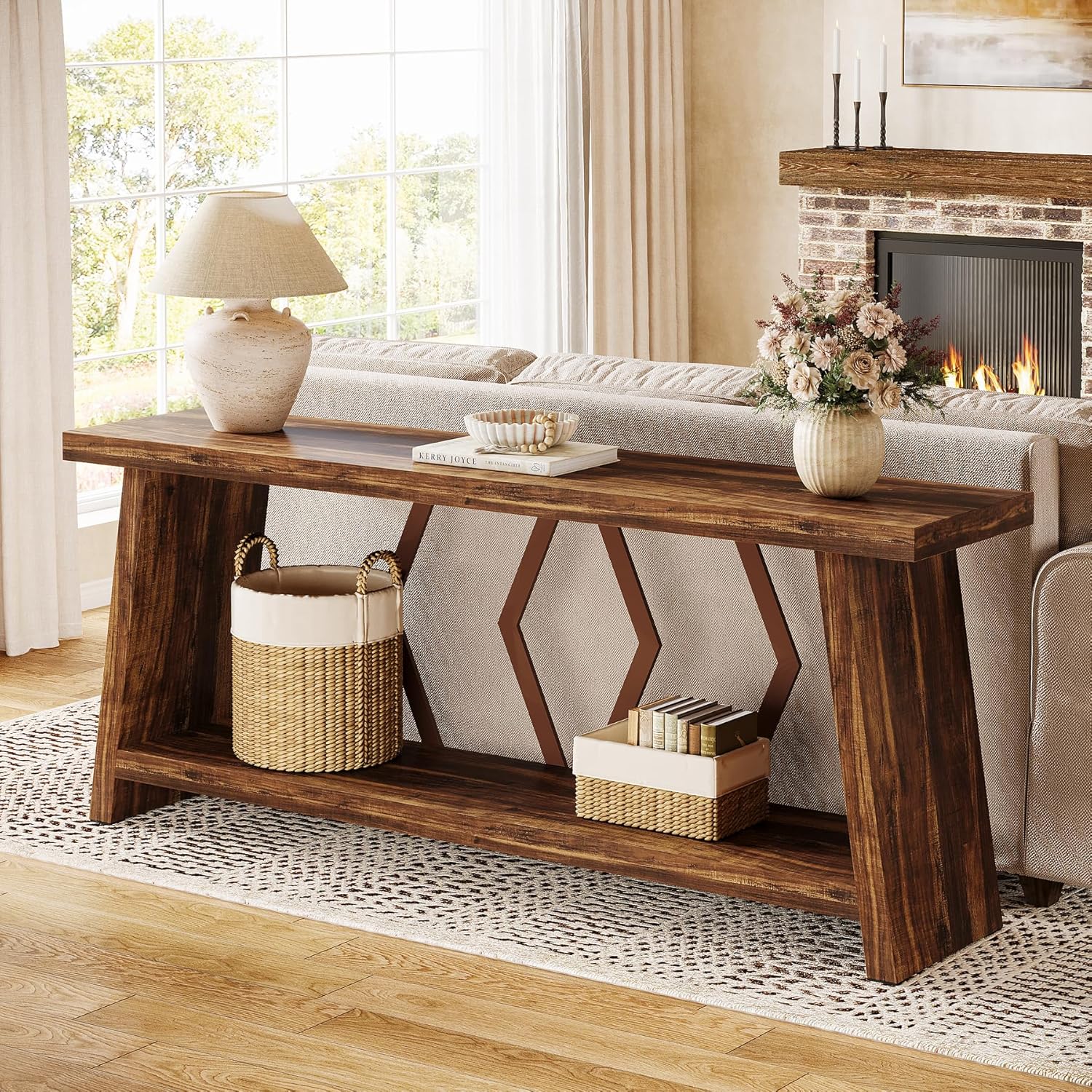 70.86" Extra Long Console Table, 2-Tier Wooden Sofa Table with Storage - Image 4