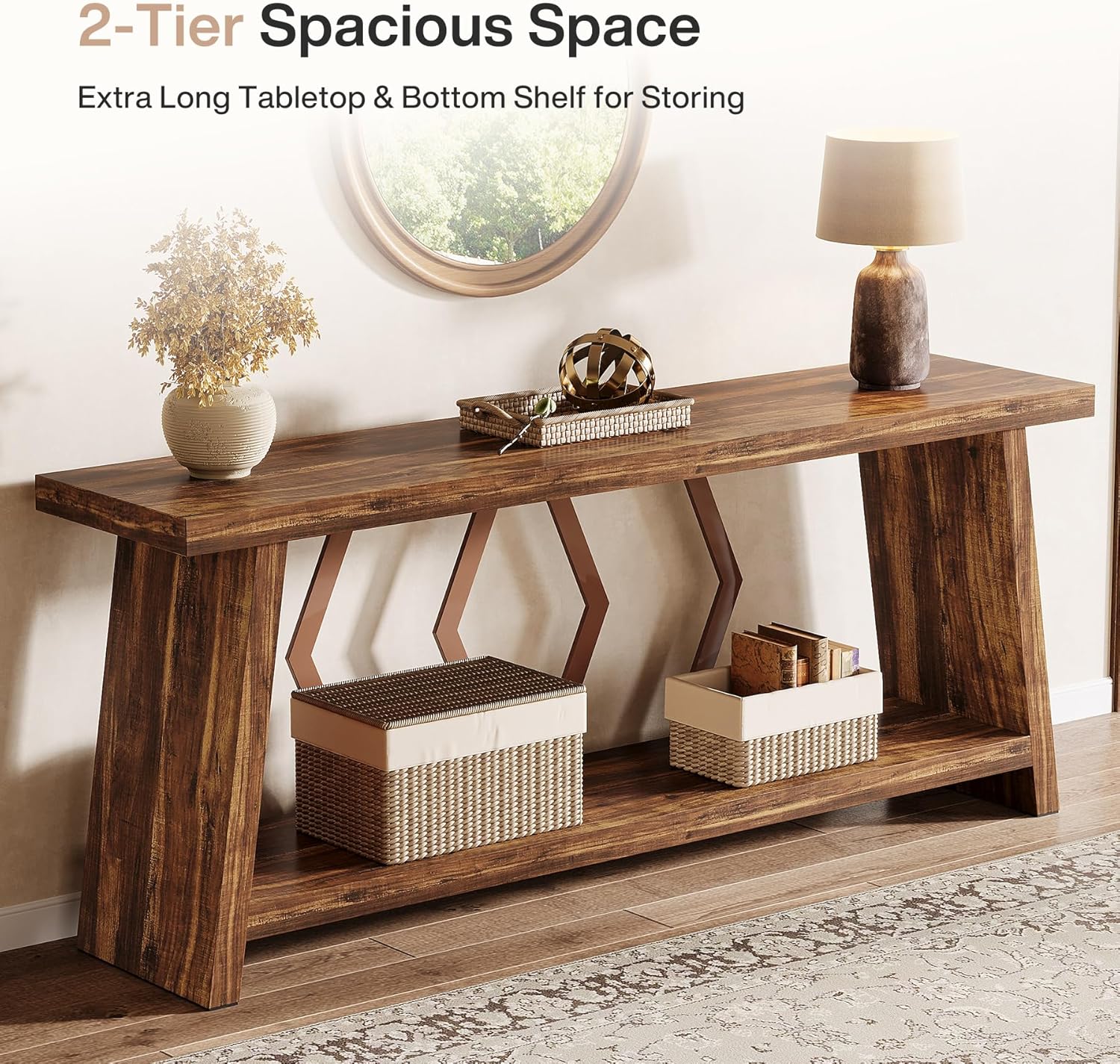 70.86" Extra Long Console Table, 2-Tier Wooden Sofa Table with Storage - Image 5